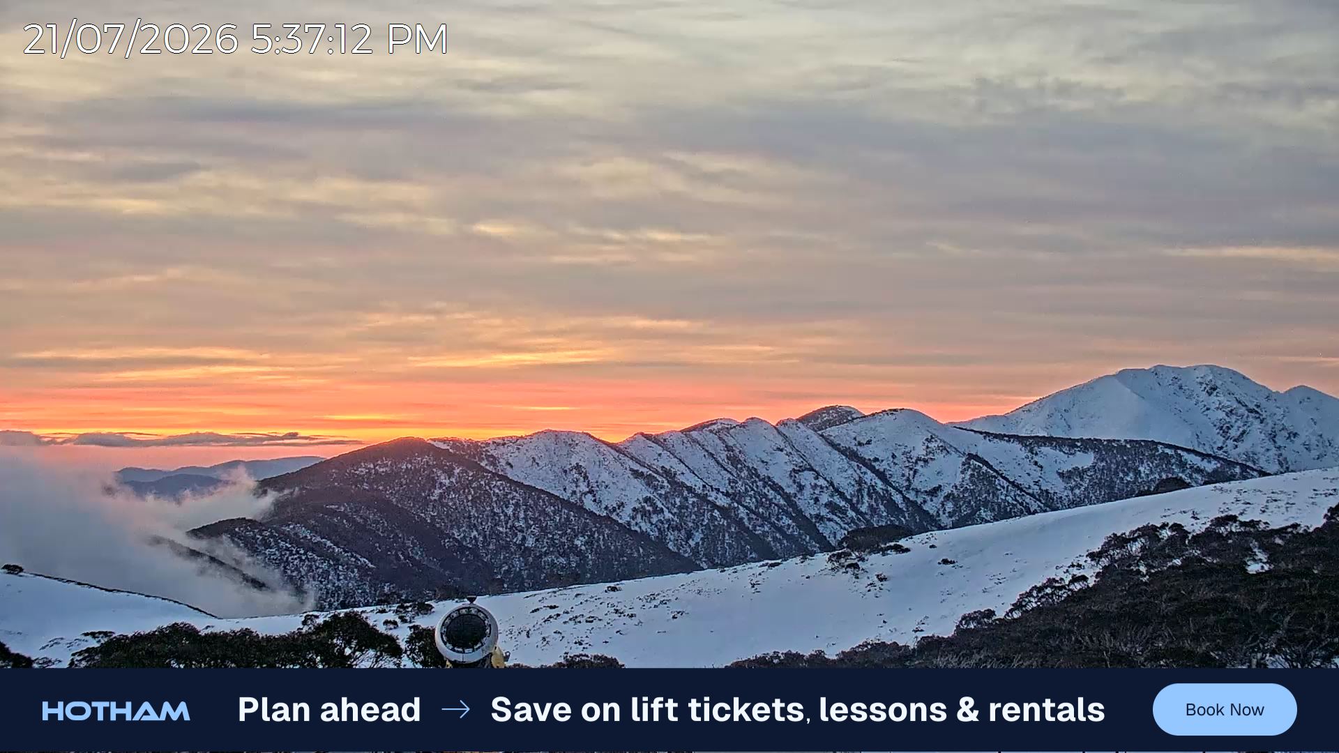 Mt Hotham Razorback snow cam captured at 21 July 2026 at 5:37 pm AEST
