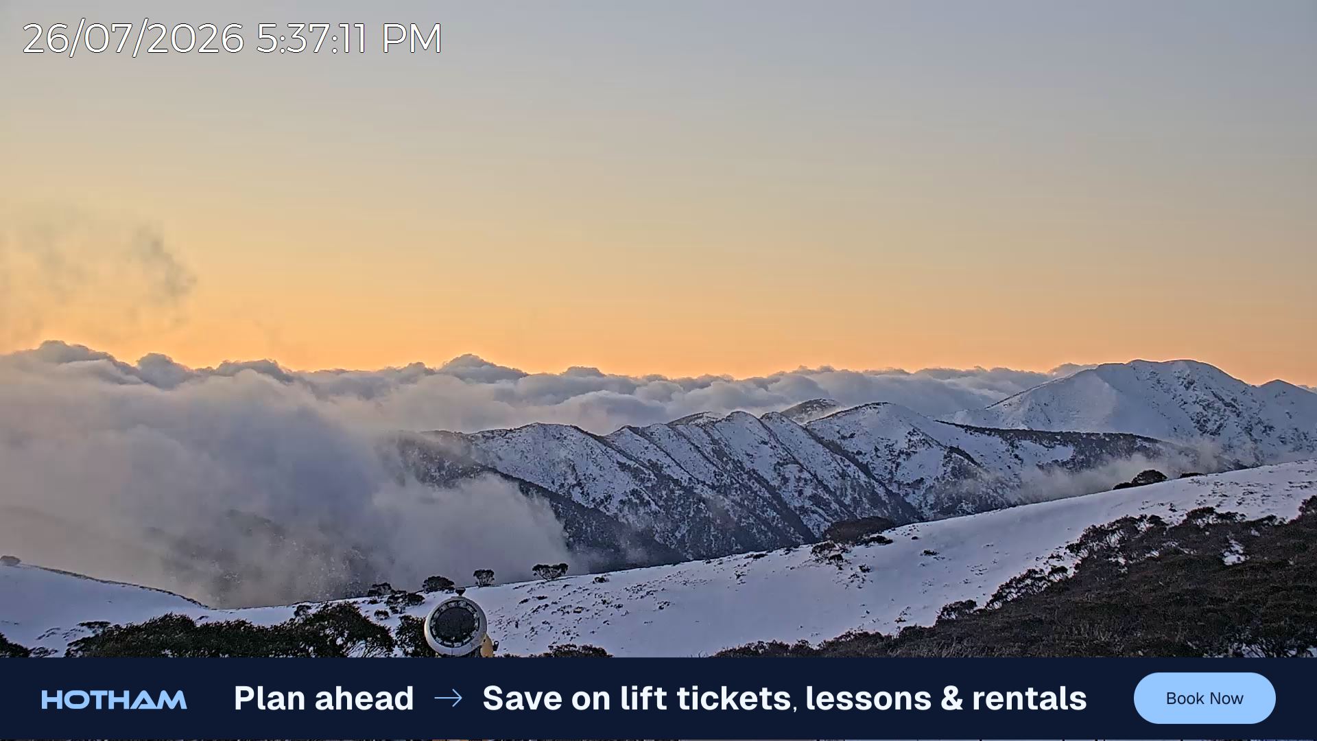 Mt Hotham Razorback snow cam captured at 26 July 2026 at 5:43 pm AEST