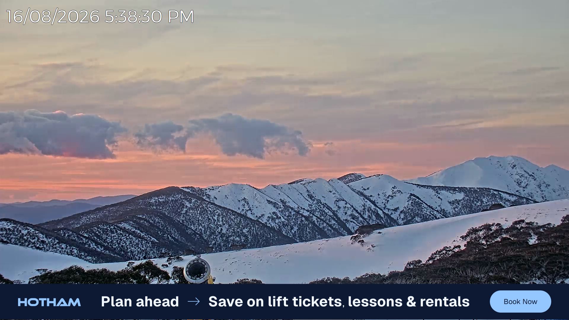 Mt Hotham Razorback snow cam captured at 16 August 2026 at 5:40 pm AEST