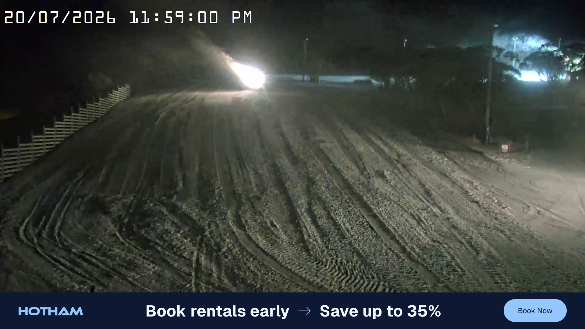 Mt Hotham Big D snow cam captured at 20 July 2026 at 11:59 pm AEST