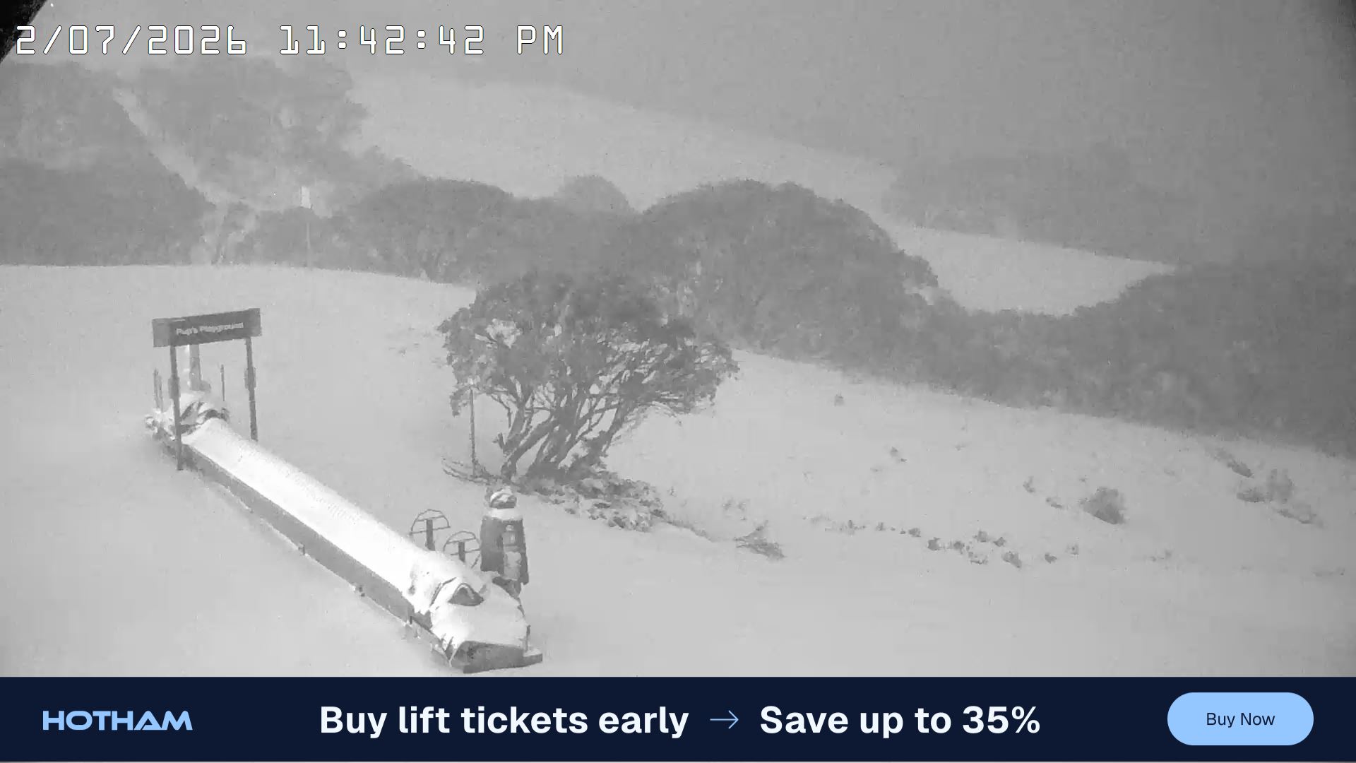 Mt Hotham Pup's and Sun Run snow cam captured at 2 July 2026 at 11:53 pm AEST