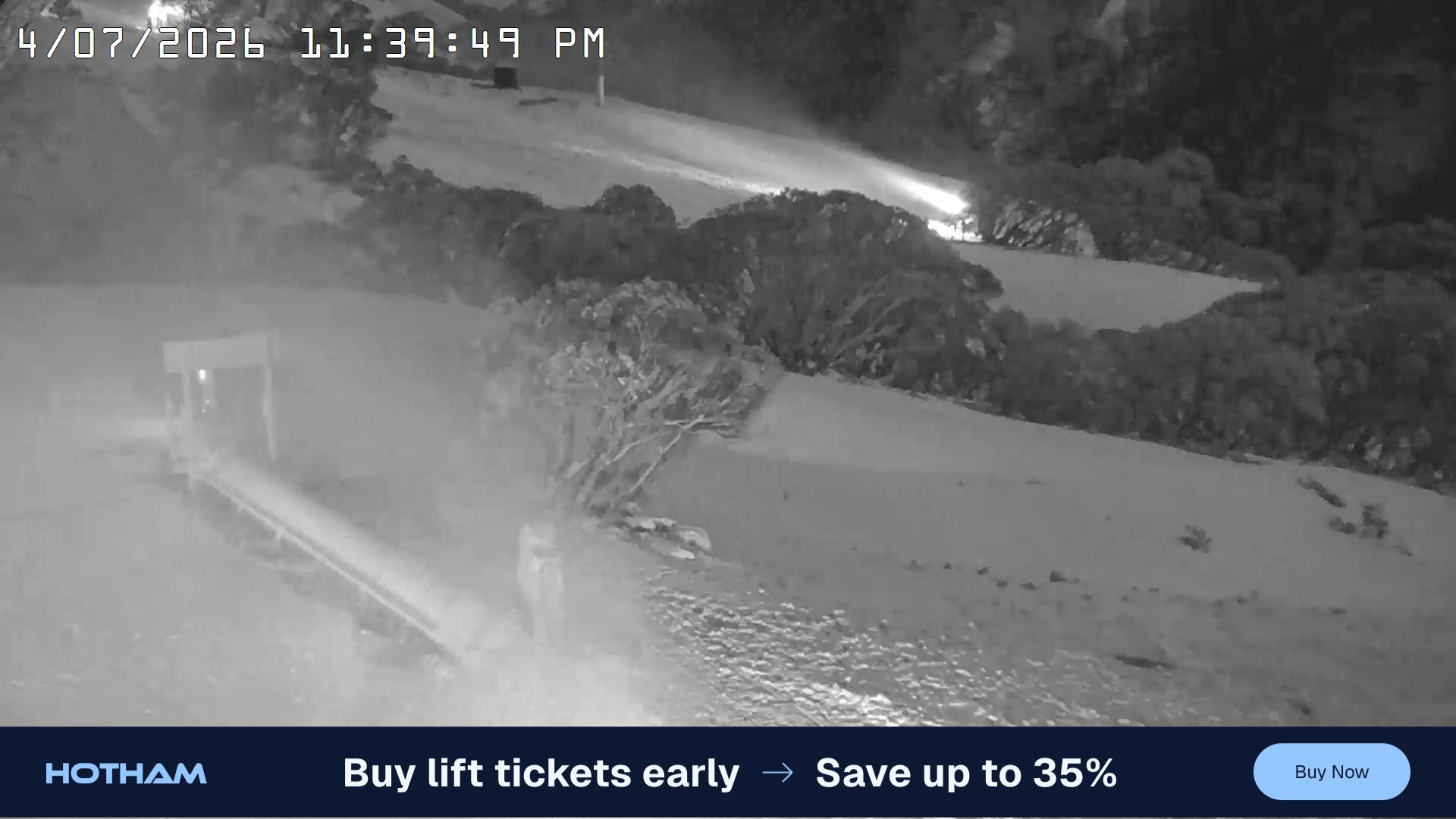 Mt Hotham Pup's and Sun Run snow cam captured at 4 July 2026 at 11:43 pm AEST