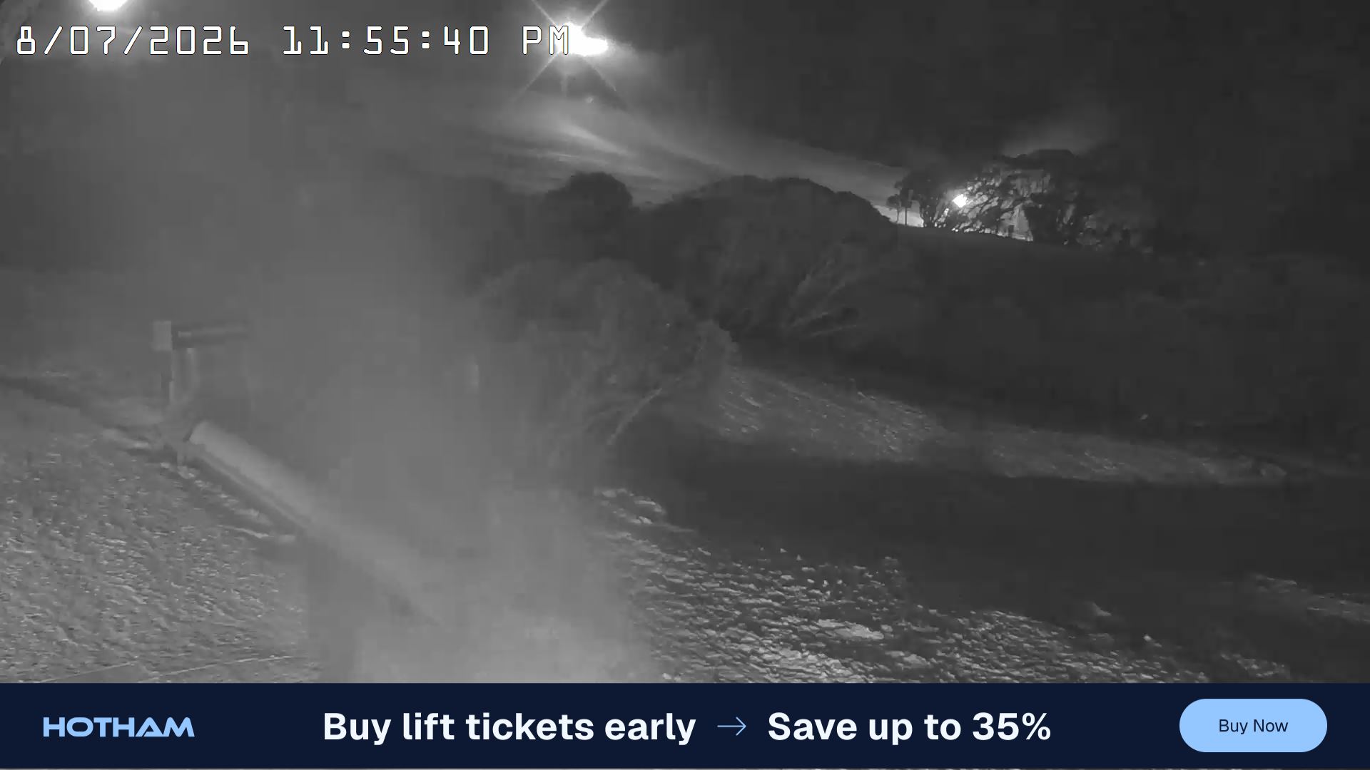 Mt Hotham Pup's and Sun Run snow cam captured at 8 July 2026 at 11:58 pm AEST