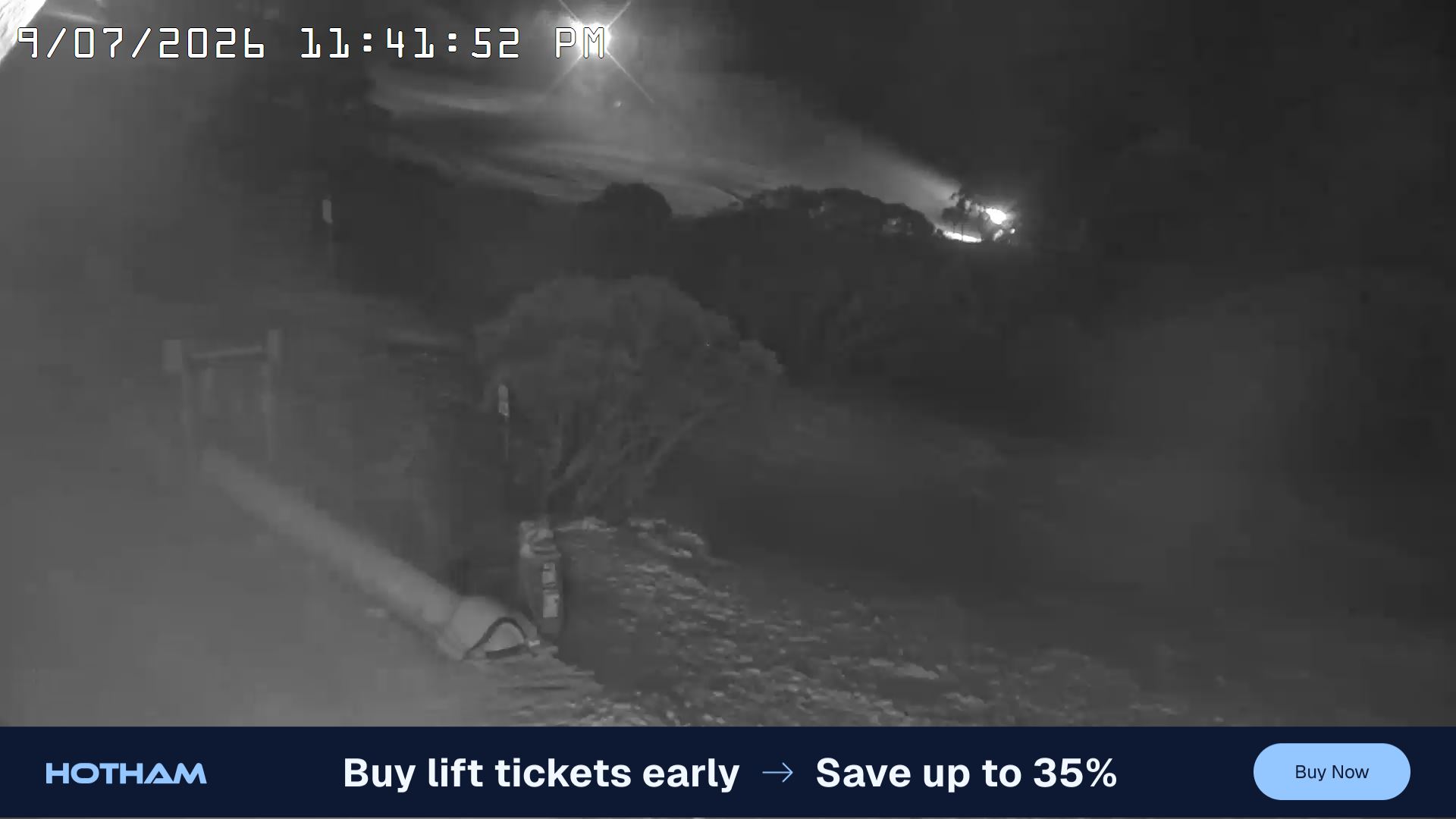 Mt Hotham Pup's and Sun Run snow cam captured at 9 July 2026 at 11:48 pm AEST
