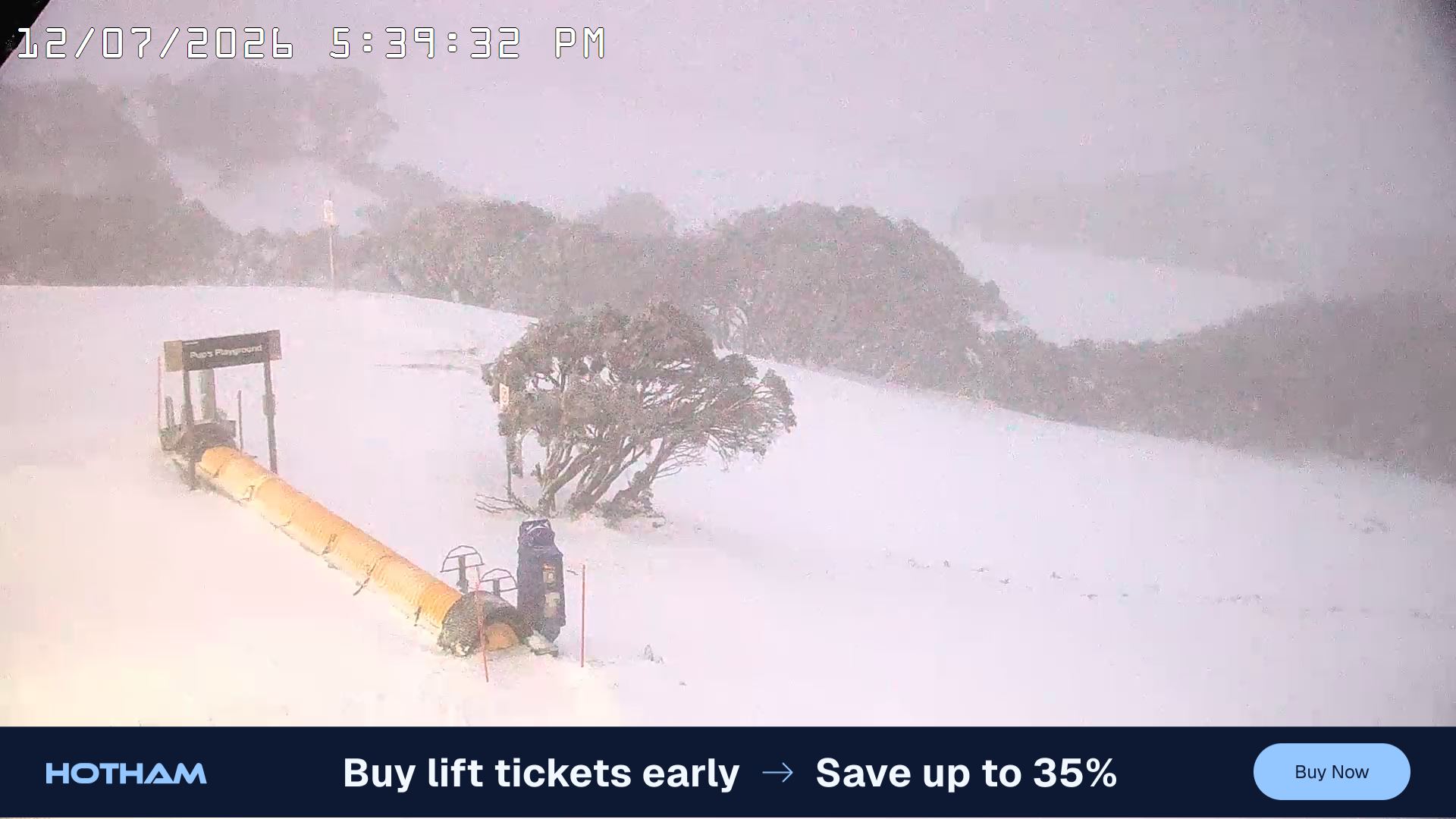 Mt Hotham Pup's and Sun Run snow cam captured at 12 July 2026 at 5:47 pm AEST