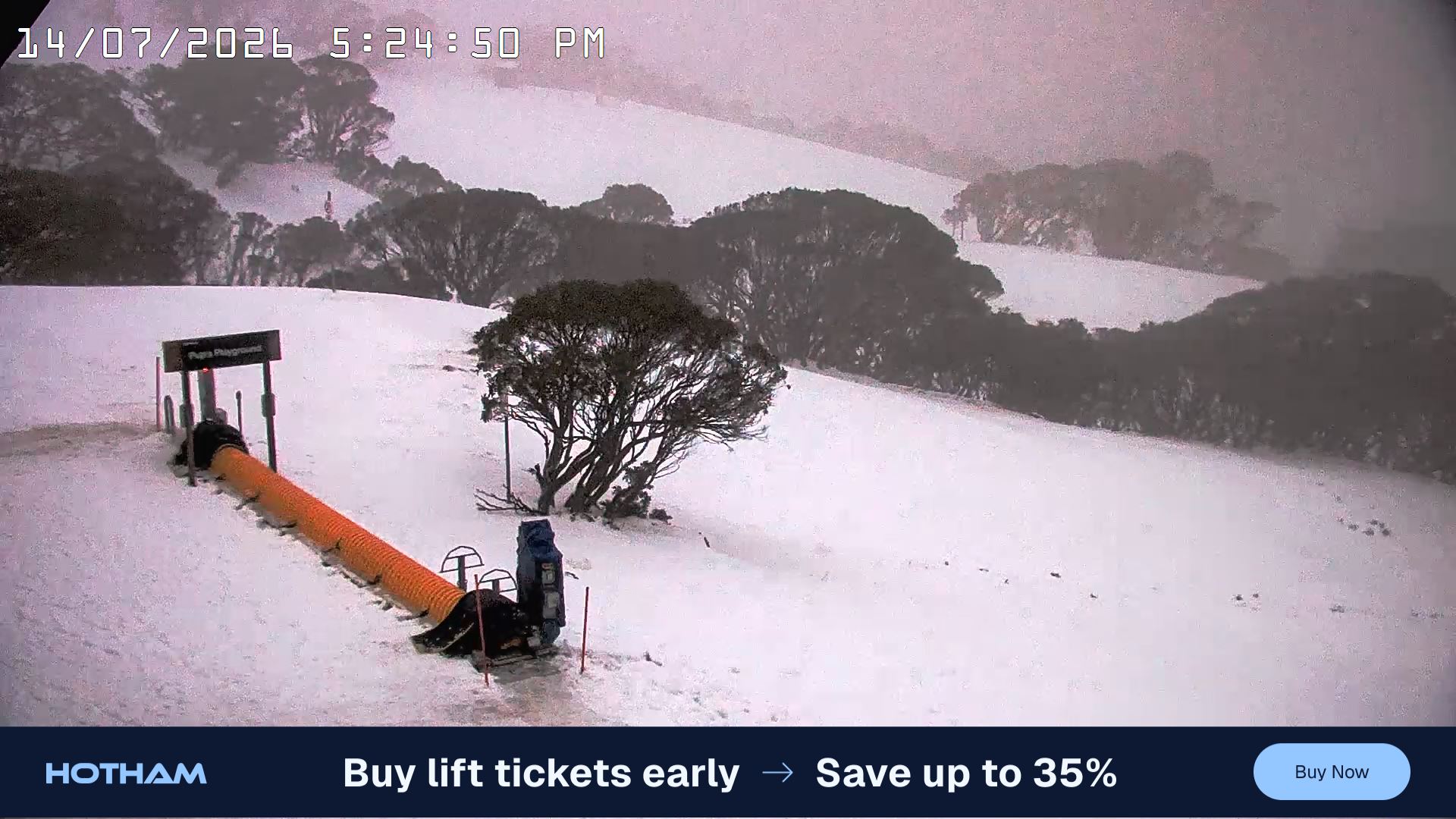 Mt Hotham Pup's and Sun Run snow cam captured at 14 July 2026 at 5:28 pm AEST