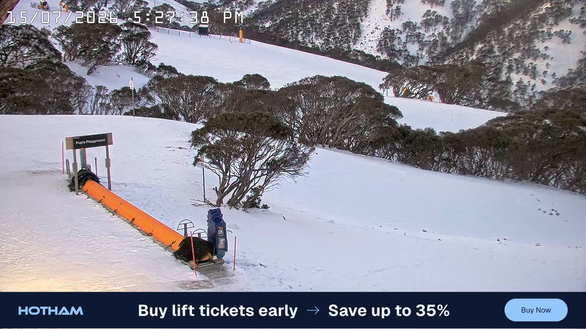 Mt Hotham Pup's and Sun Run snow cam captured at 15 July 2026 at 5:29 pm AEST