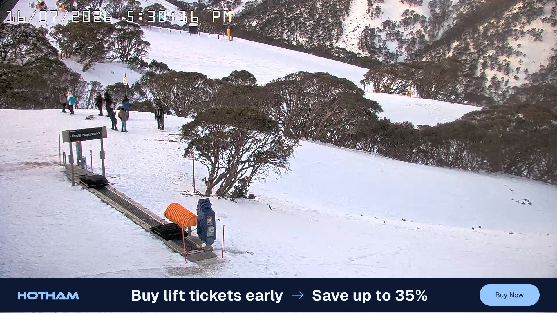 Mt Hotham Pup's and Sun Run snow cam captured at 16 July 2026 at 5:30 pm AEST