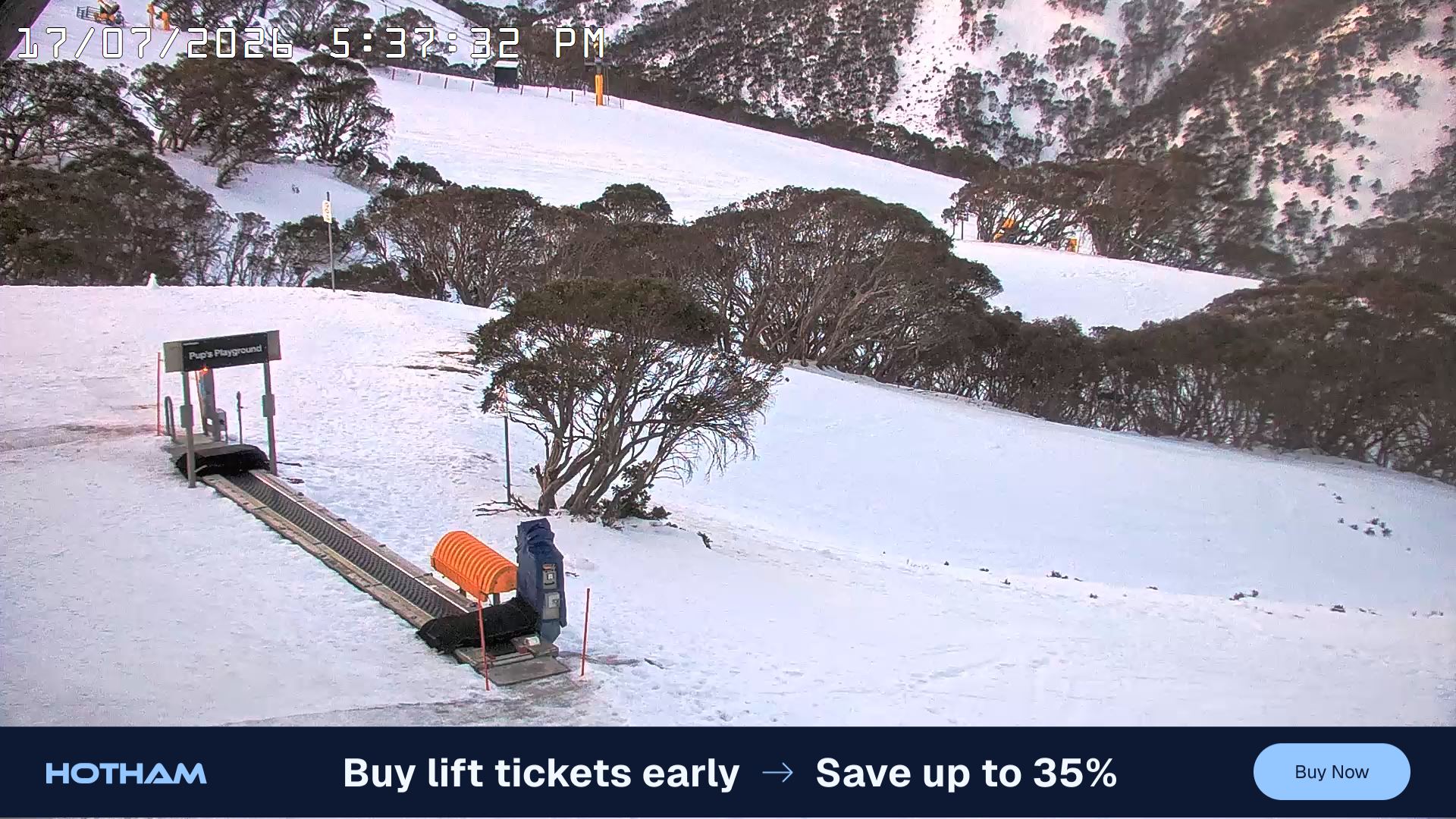 Mt Hotham Pup's and Sun Run snow cam captured at 17 July 2026 at 5:42 pm AEST