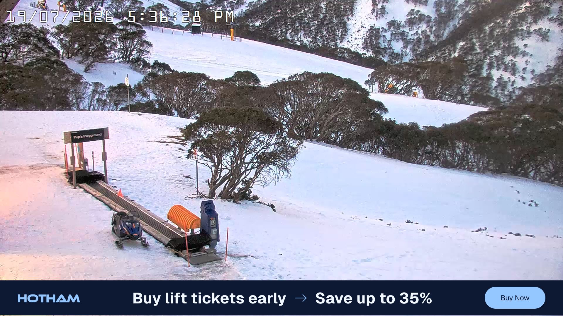 Mt Hotham Pup's and Sun Run snow cam captured at 19 July 2026 at 5:44 pm AEST