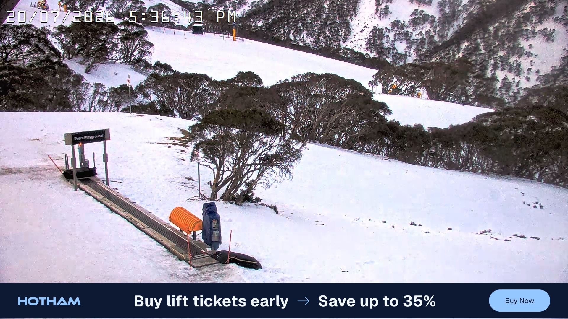 Mt Hotham Pup's and Sun Run snow cam captured at 20 July 2026 at 5:45 pm AEST