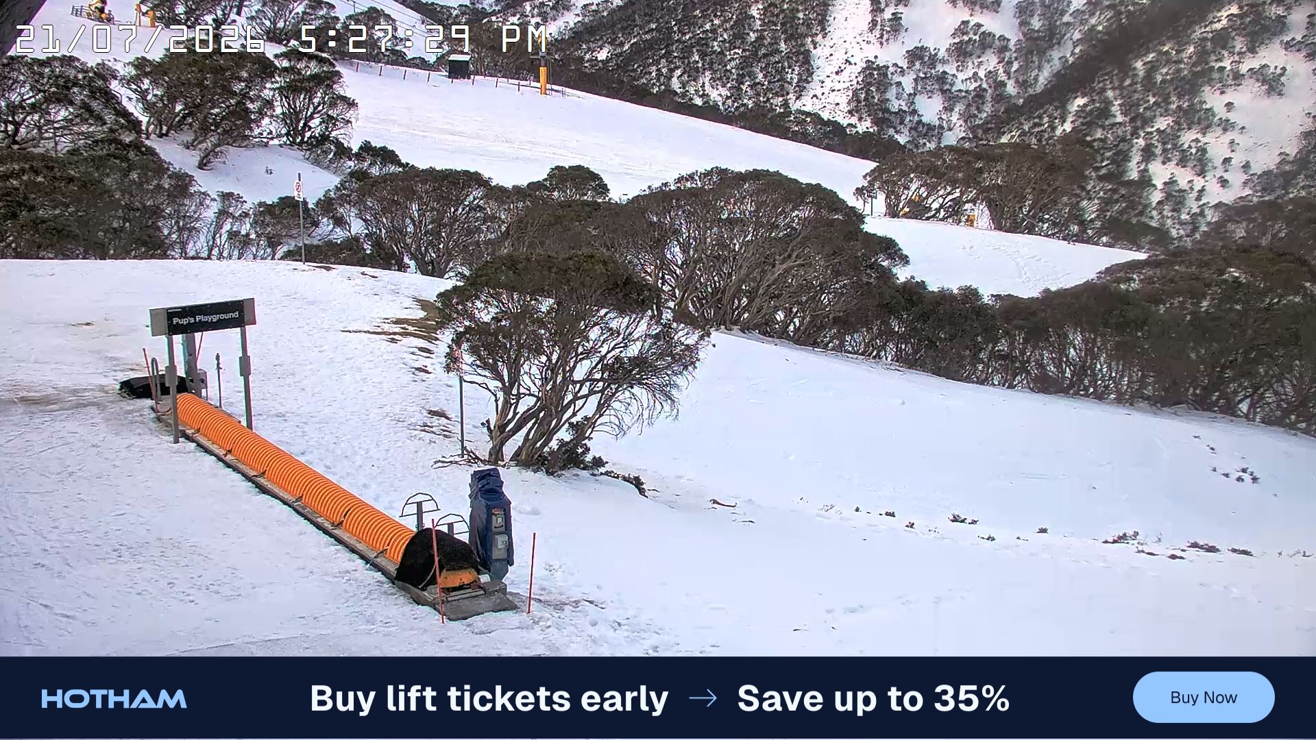 Mt Hotham Pup's and Sun Run snow cam captured at 21 July 2026 at 5:37 pm AEST