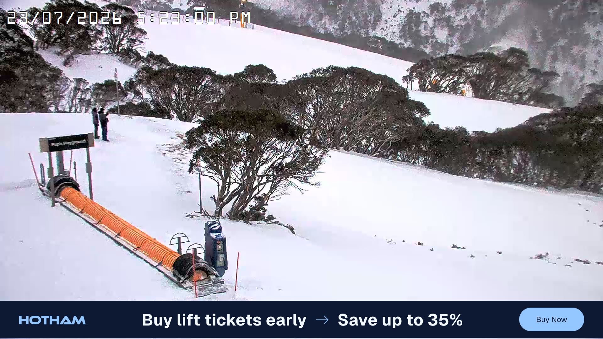 Mt Hotham Pup's and Sun Run snow cam captured at 23 July 2026 at 5:28 pm AEST