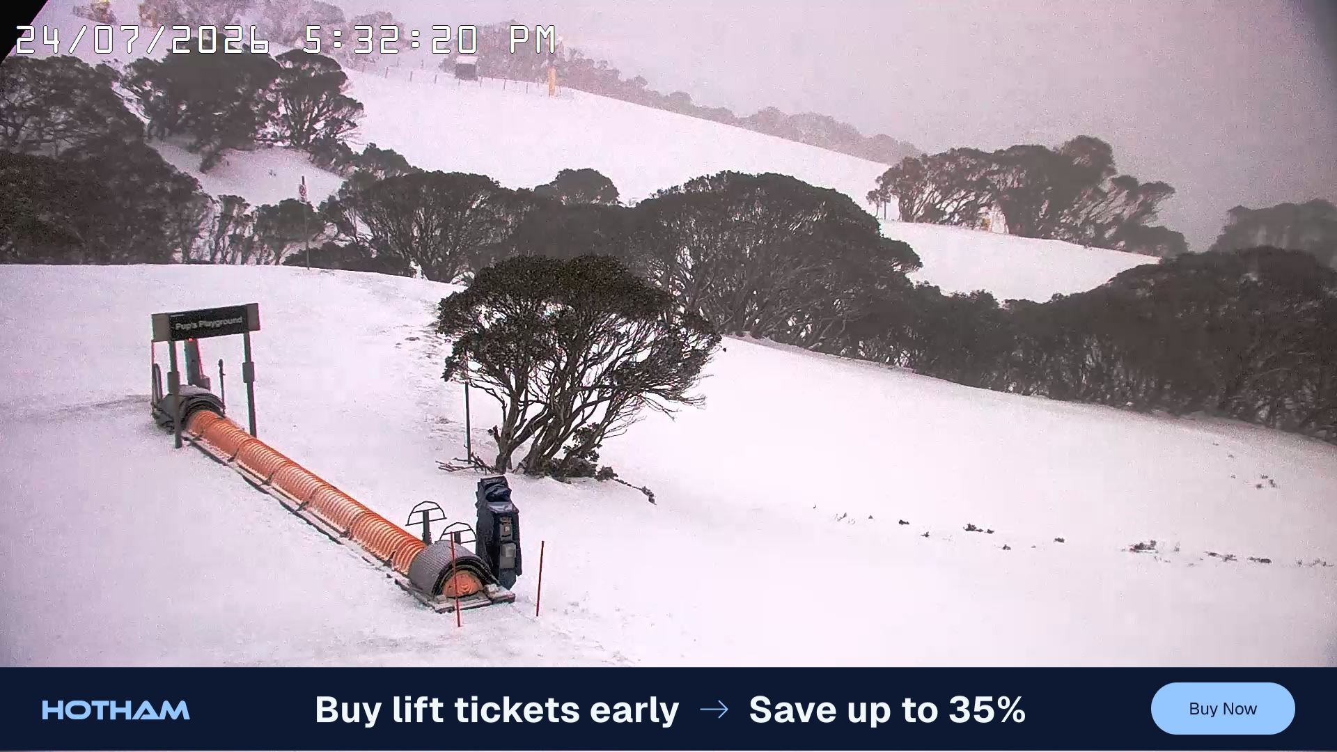 Mt Hotham Pup's and Sun Run snow cam captured at 24 July 2026 at 5:40 pm AEST