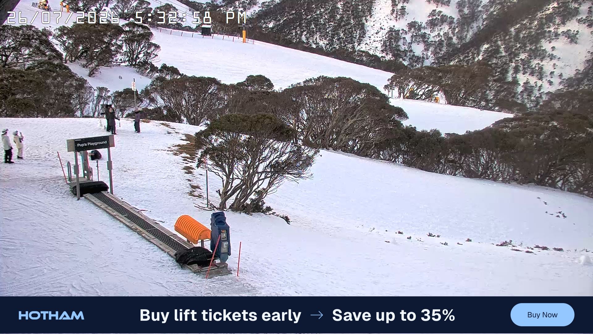 Mt Hotham Pup's and Sun Run snow cam captured at 26 July 2026 at 5:43 pm AEST