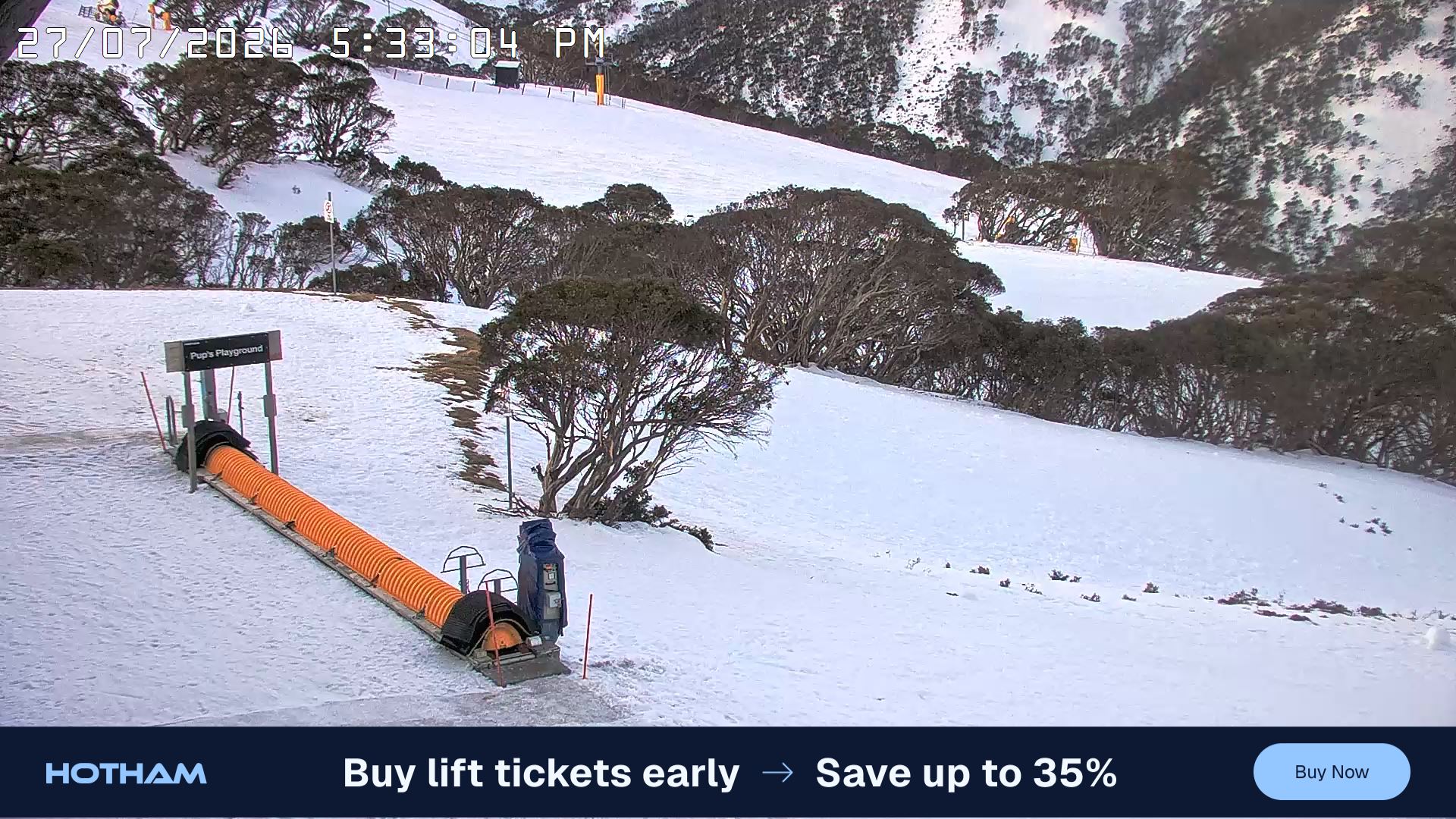 Mt Hotham Pup's and Sun Run snow cam captured at 27 July 2026 at 5:44 pm AEST