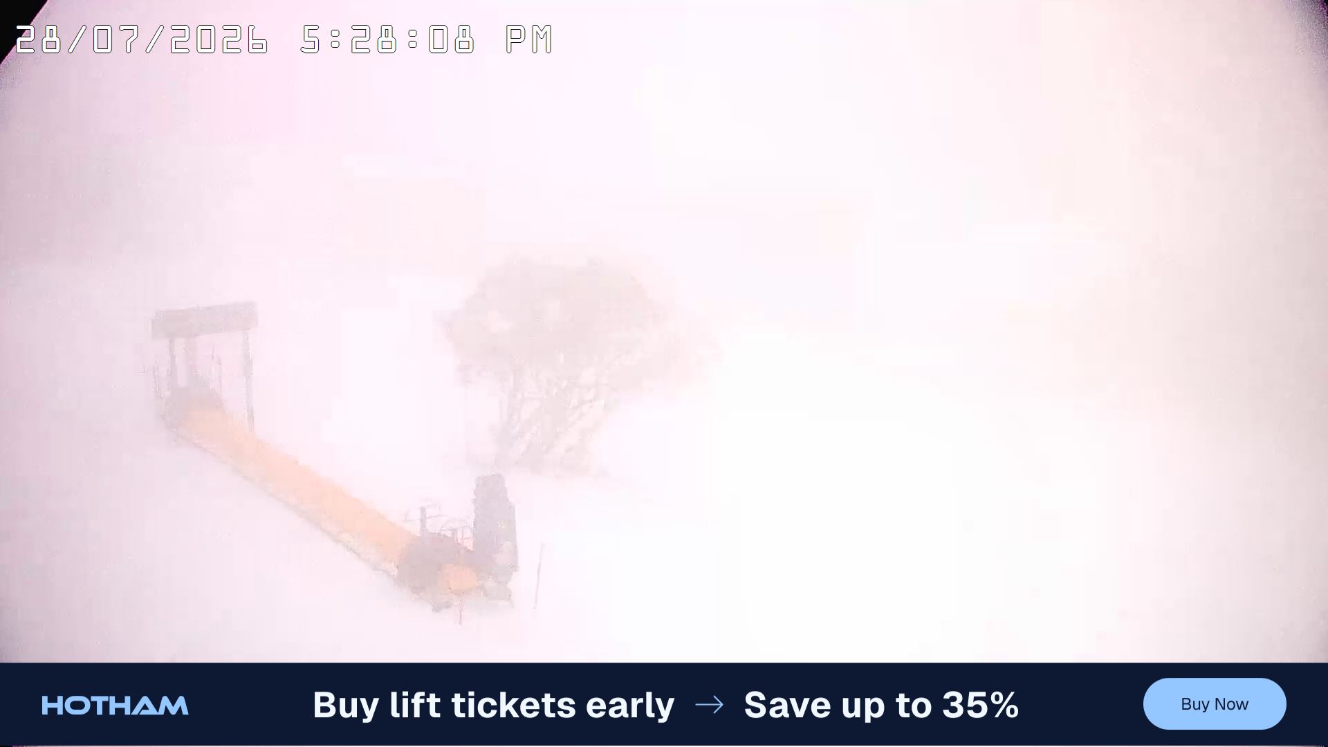 Mt Hotham Pup's and Sun Run snow cam captured at 28 July 2026 at 5:34 pm AEST