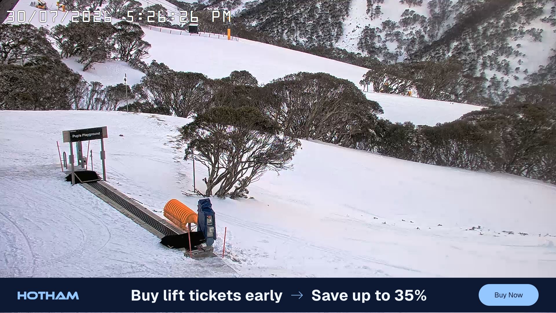 Mt Hotham Pup's and Sun Run snow cam captured at 30 July 2026 at 5:35 pm AEST