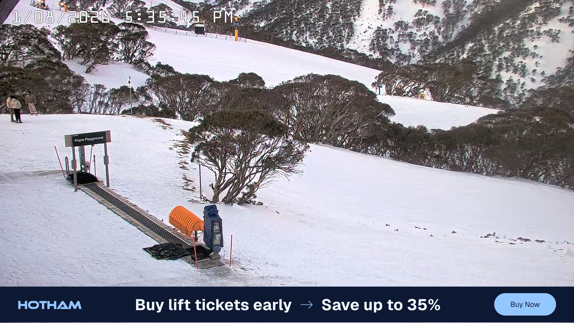Mt Hotham Pup's and Sun Run snow cam captured at 1 August 2026 at 5:41 pm AEST