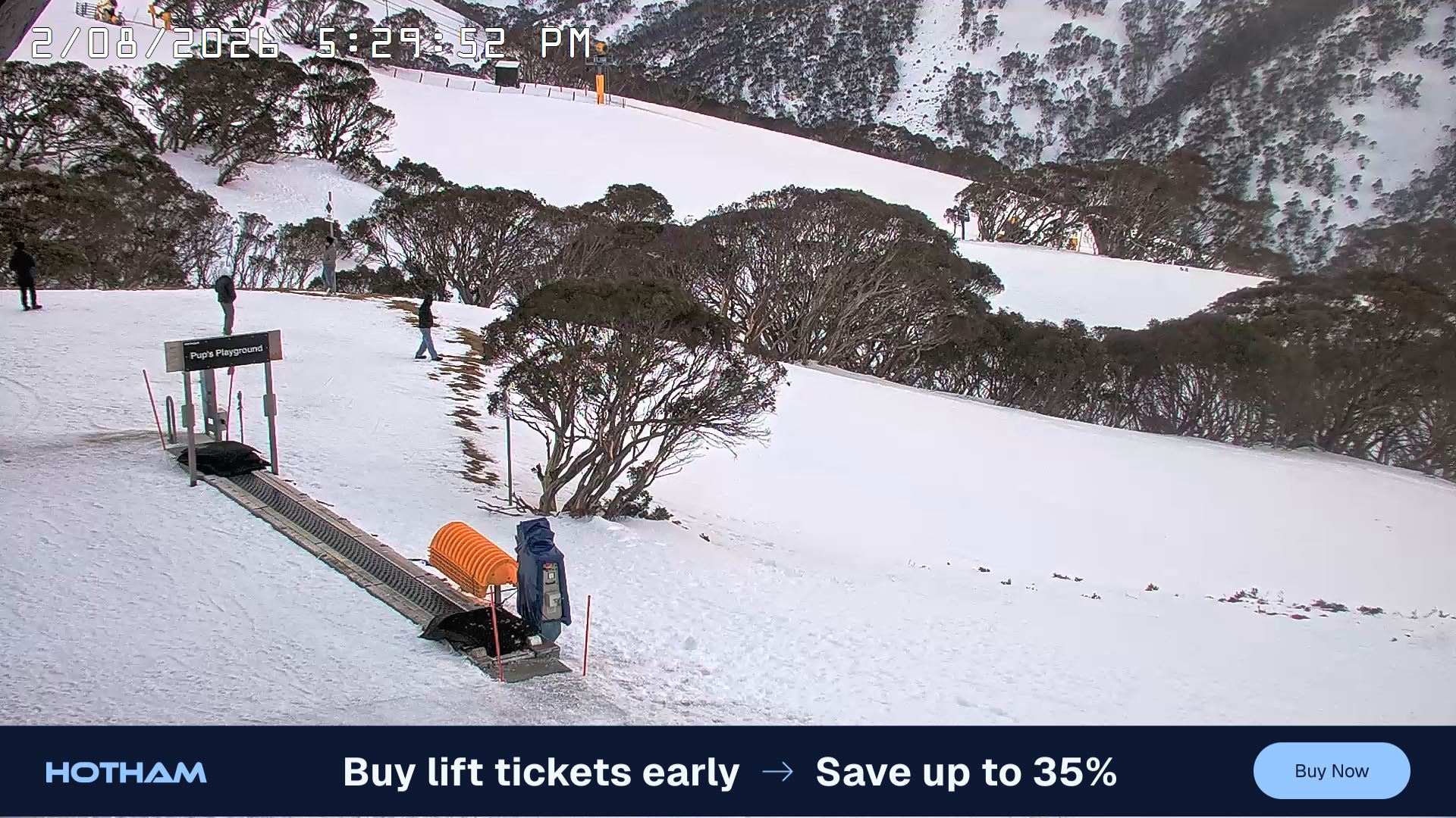 Mt Hotham Pup's and Sun Run snow cam captured at 2 August 2026 at 5:38 pm AEST