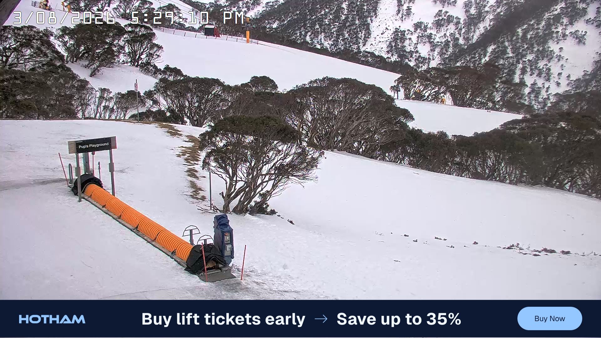 Mt Hotham Pup's and Sun Run snow cam captured at 3 August 2026 at 5:38 pm AEST