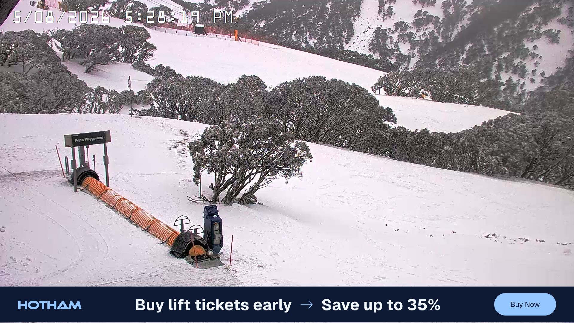 Mt Hotham Pup's and Sun Run snow cam captured at 5 August 2026 at 5:39 pm AEST