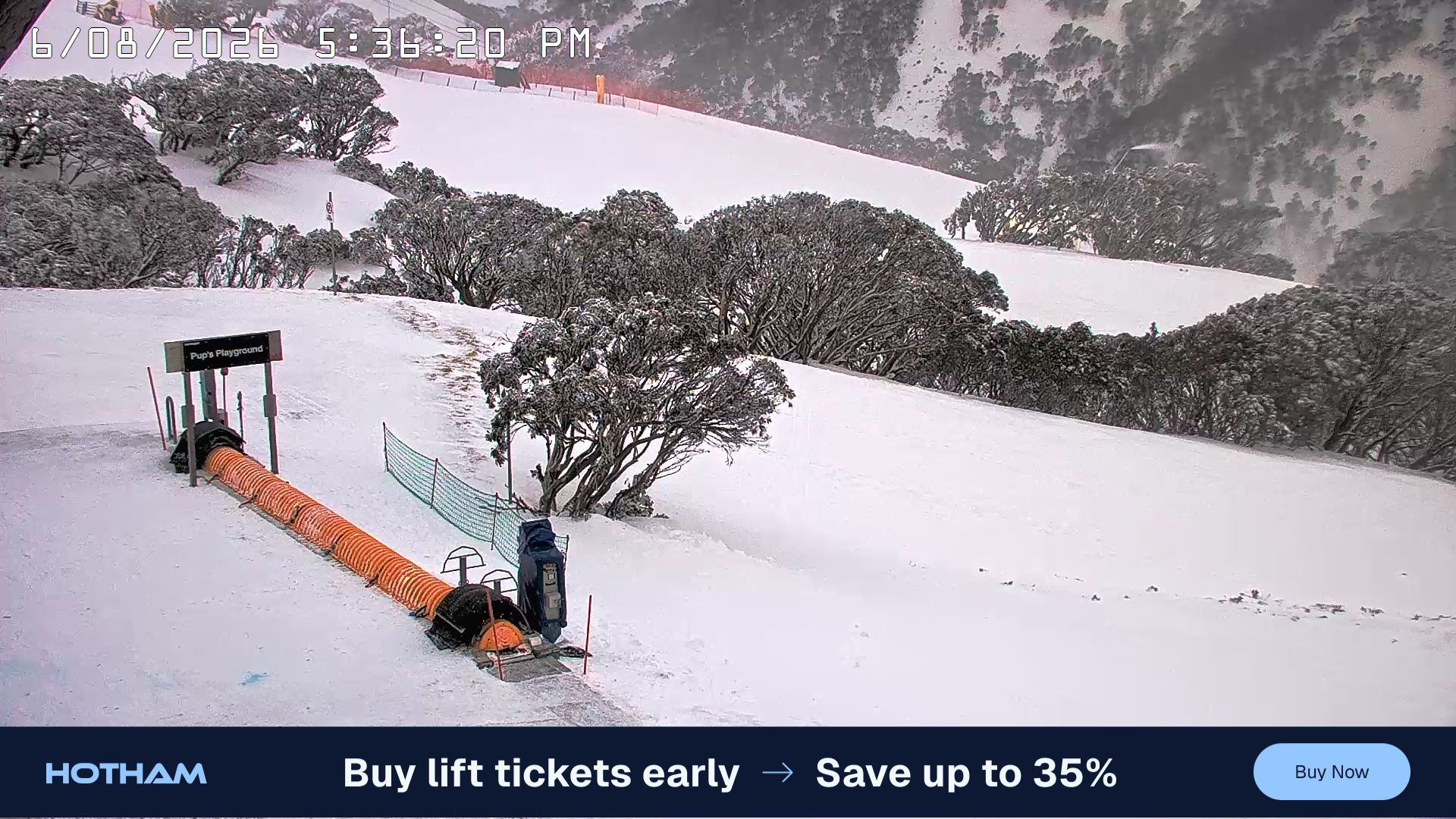 Mt Hotham Pup's and Sun Run snow cam captured at 6 August 2026 at 5:40 pm AEST