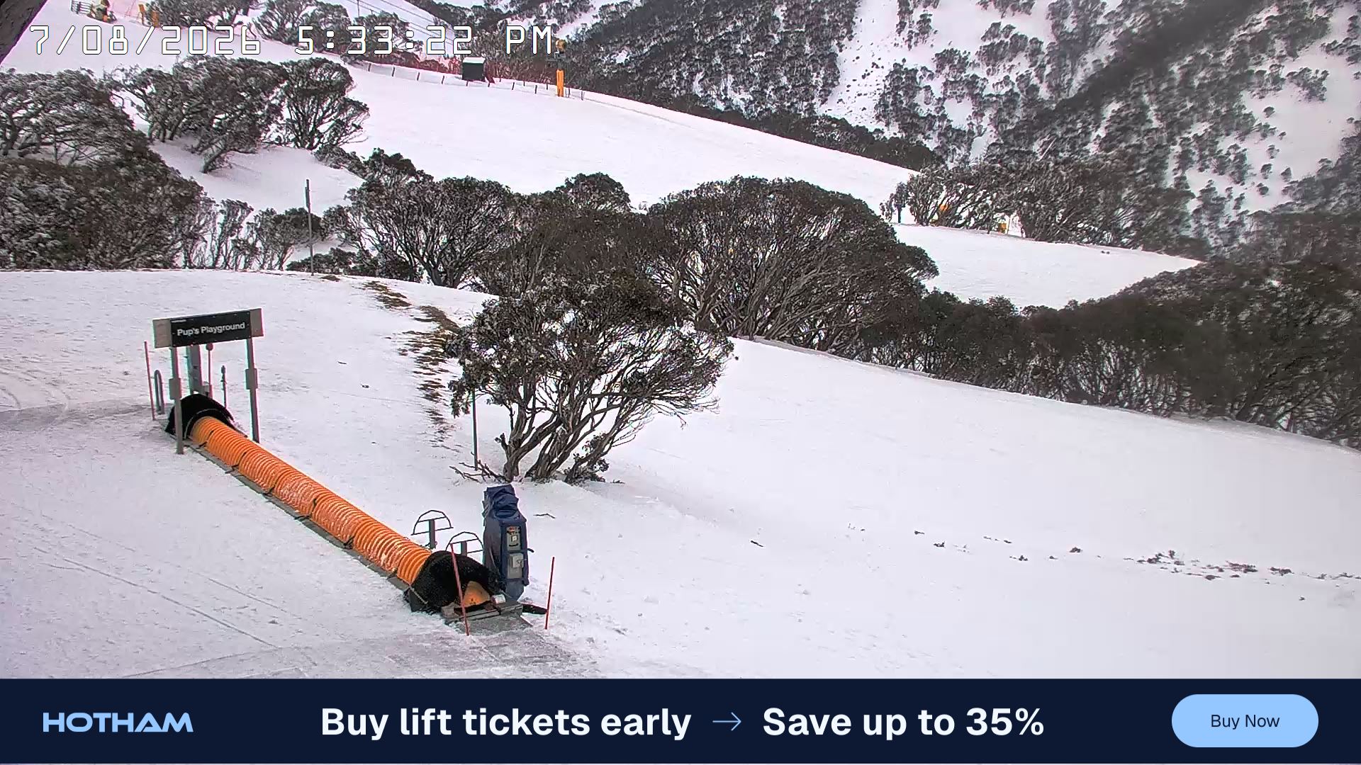 Mt Hotham Pup's and Sun Run snow cam captured at 7 August 2026 at 5:41 pm AEST
