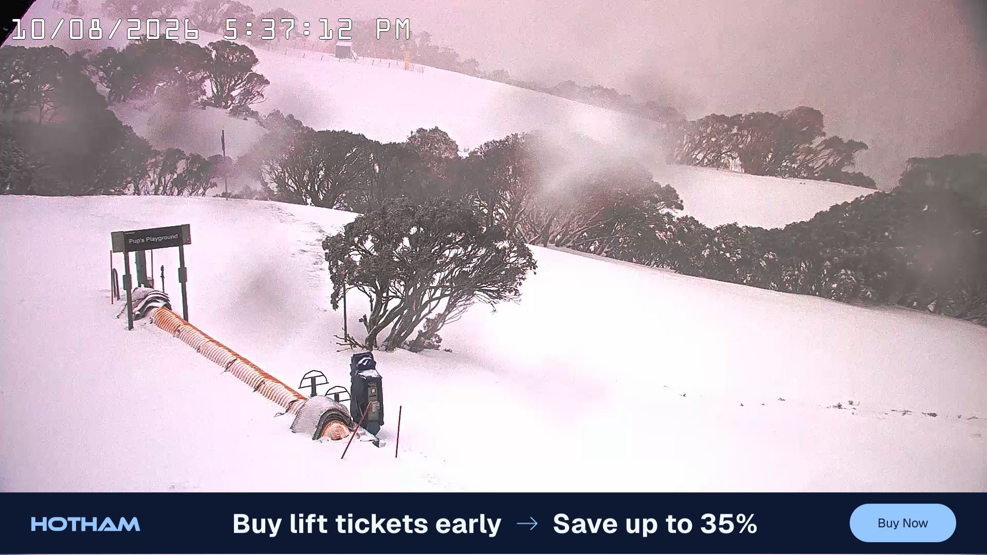 Mt Hotham Pup's and Sun Run snow cam captured at 10 August 2026 at 5:40 pm AEST