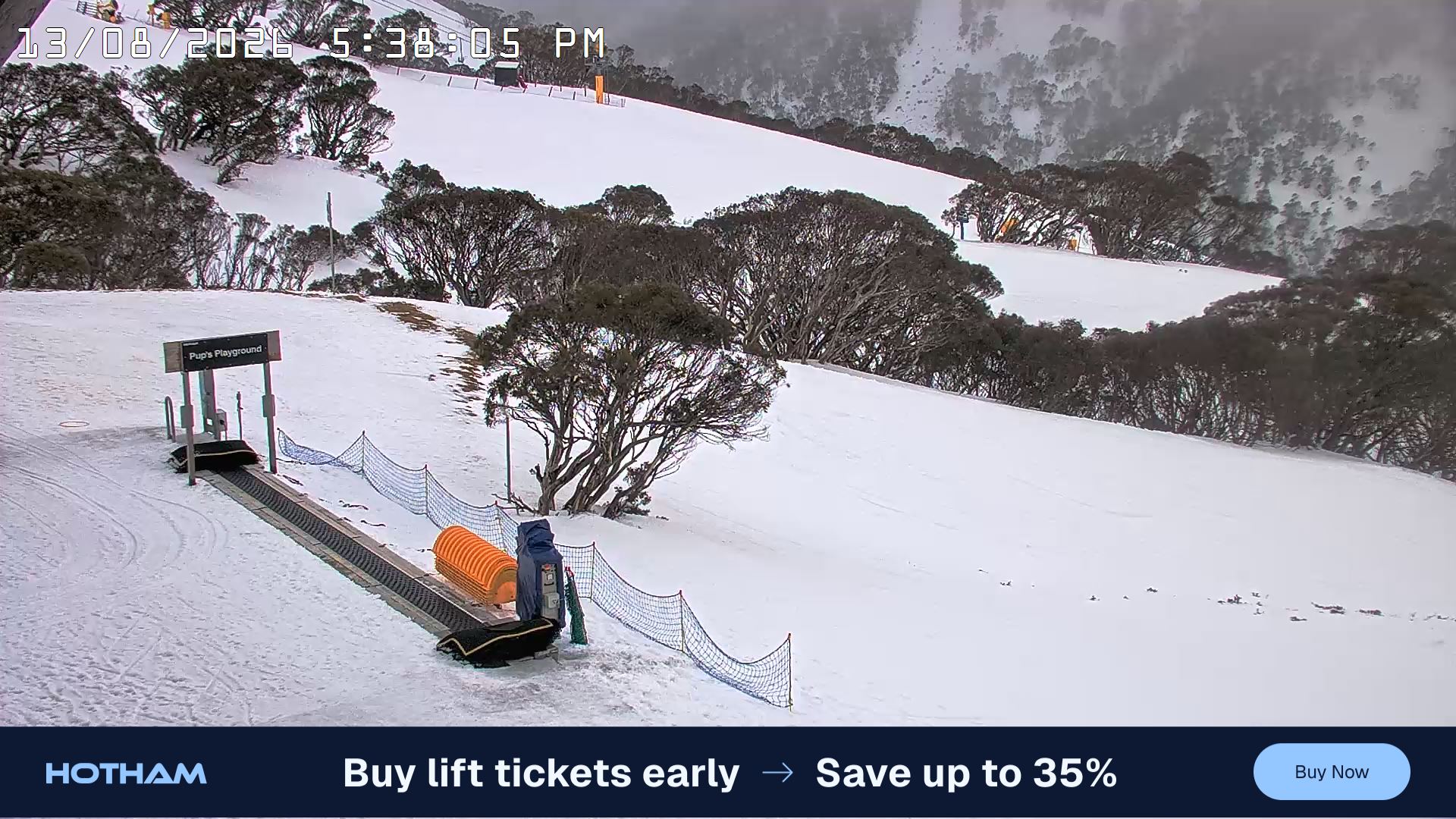 Mt Hotham Pup's and Sun Run snow cam captured at 13 August 2026 at 5:40 pm AEST