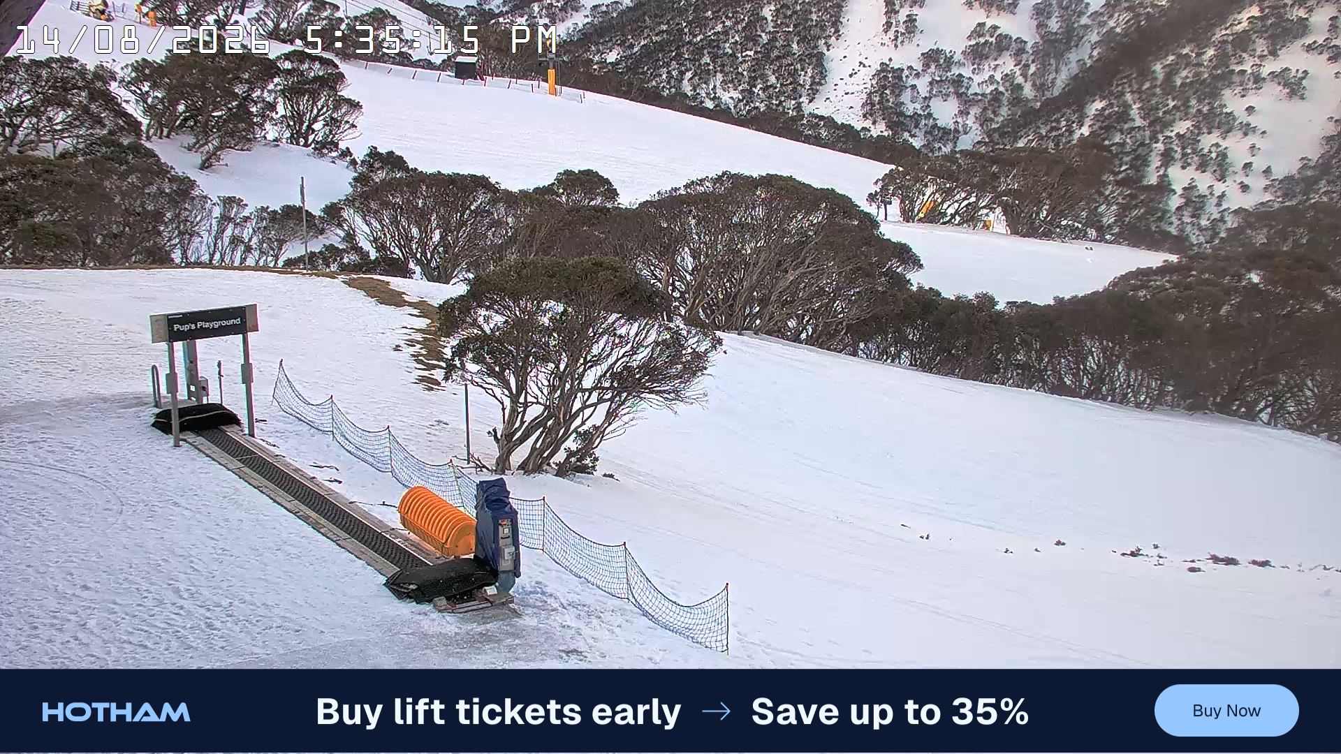 Mt Hotham Pup's and Sun Run snow cam captured at 14 August 2026 at 5:41 pm AEST