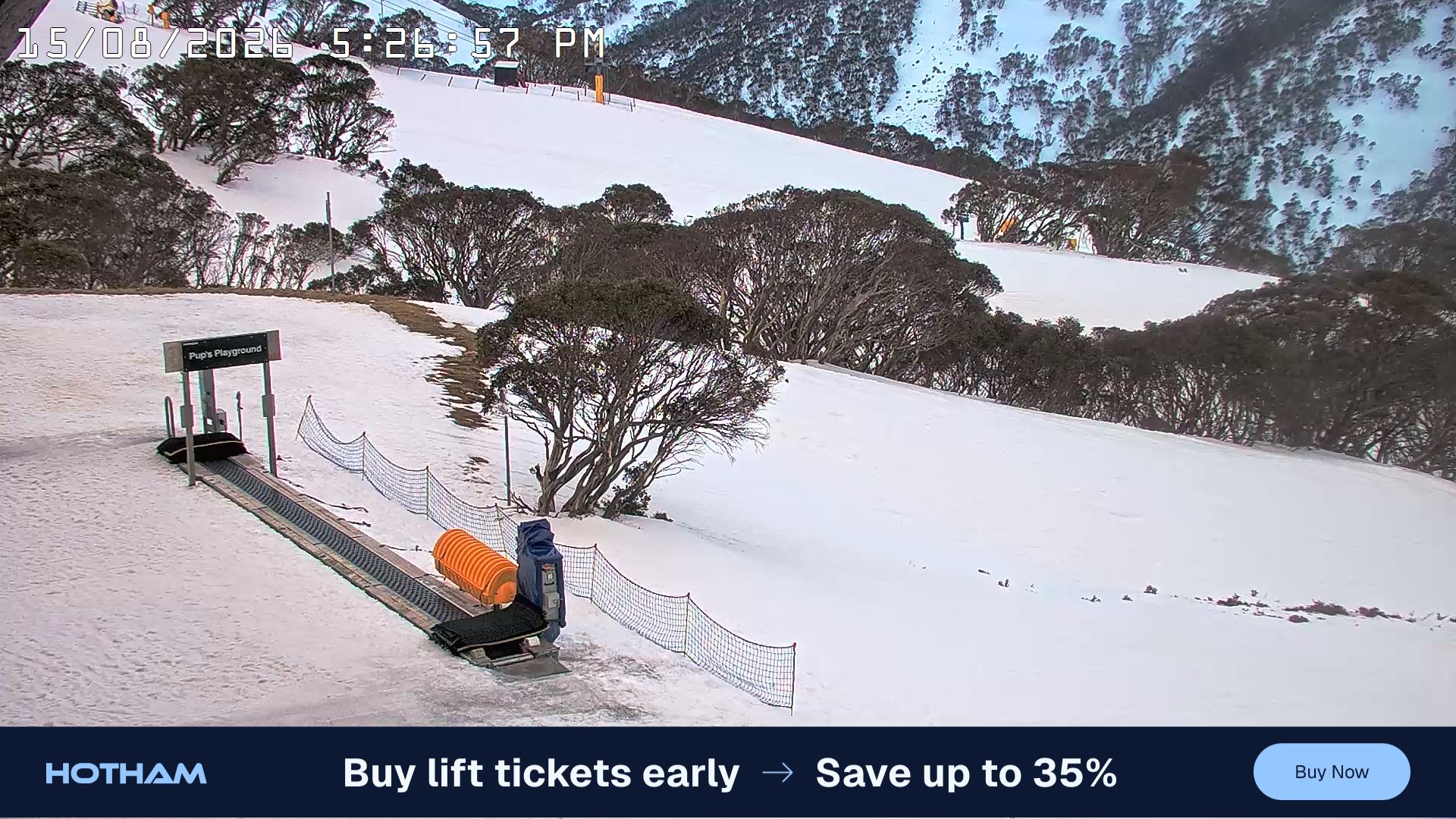 Mt Hotham Pup's and Sun Run snow cam captured at 15 August 2026 at 5:31 pm AEST