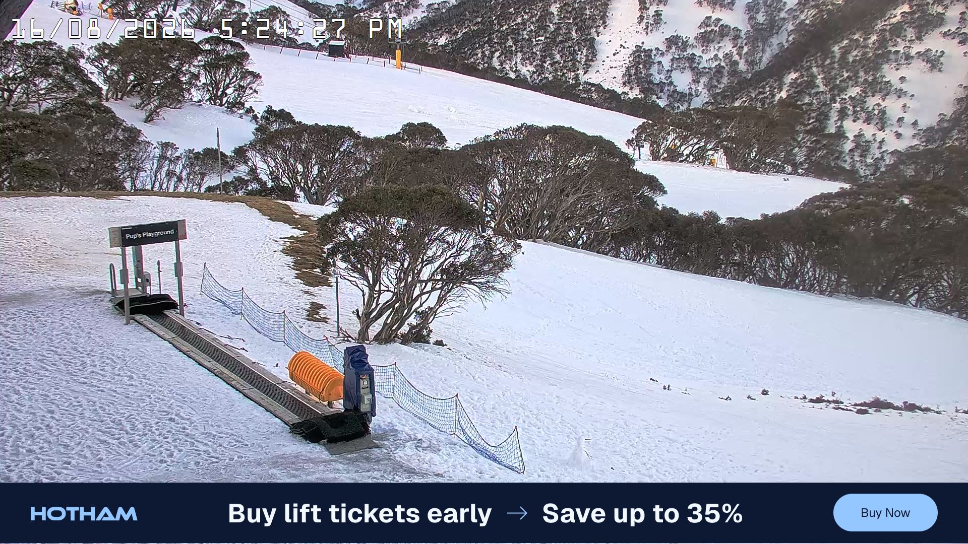 Mt Hotham Pup's and Sun Run snow cam captured at 16 August 2026 at 5:32 pm AEST