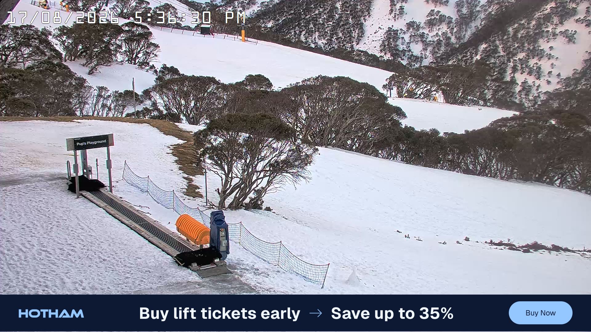 Mt Hotham Pup's and Sun Run snow cam captured at 17 August 2026 at 5:44 pm AEST