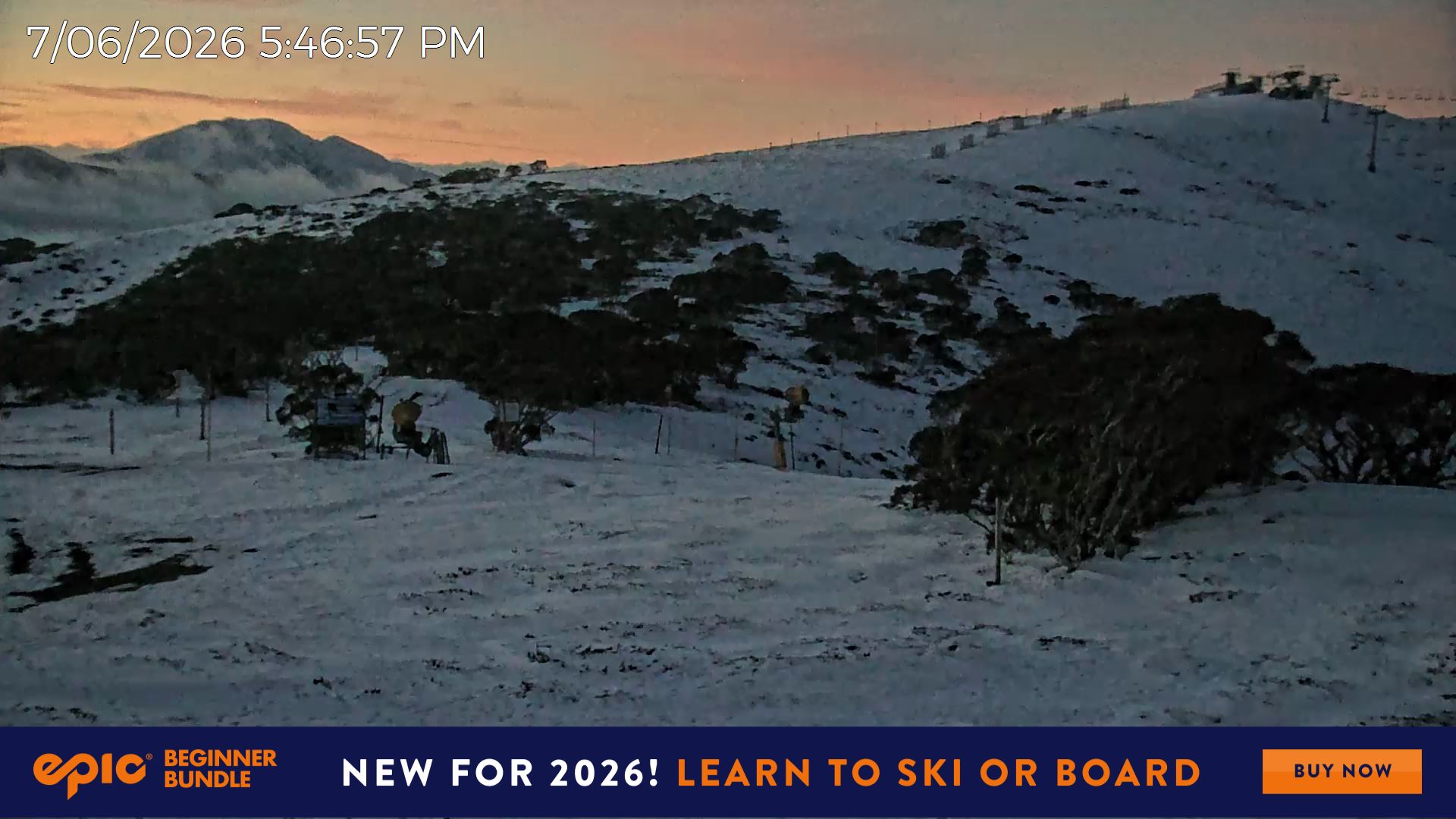 Mt Hotham Skating Rink snow cam captured at 7 June 2026, 1:05 pm