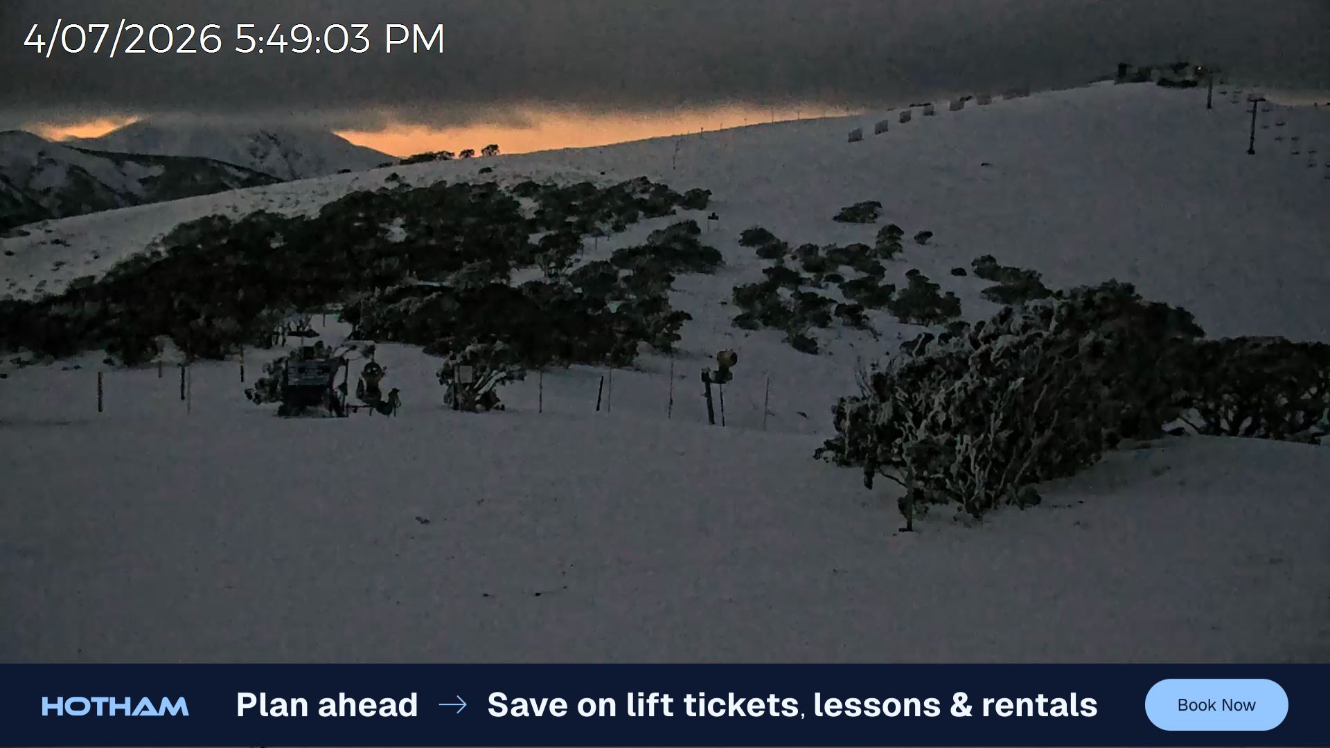 Mt Hotham Skating Rink snow cam captured at 4 July 2026 at 5:51 pm AEST