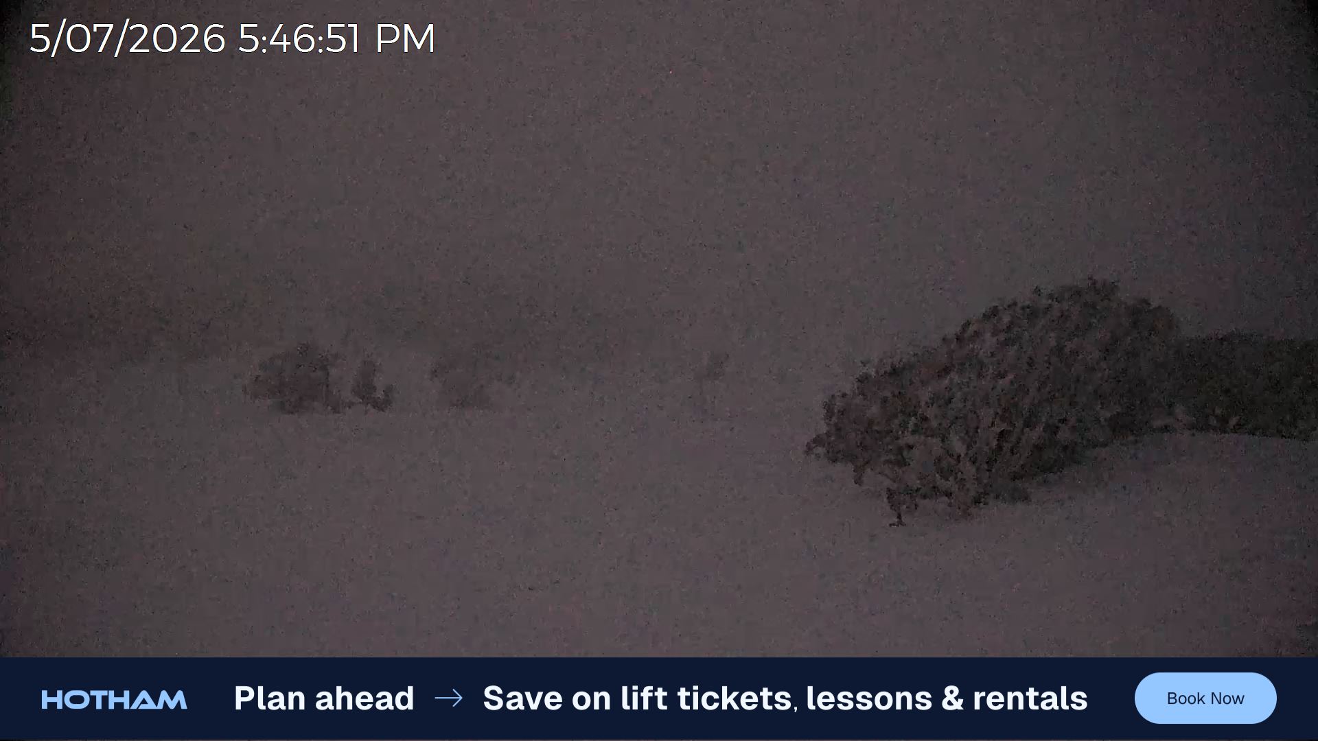 Mt Hotham Skating Rink snow cam captured at 5 July 2026 at 5:52 pm AEST