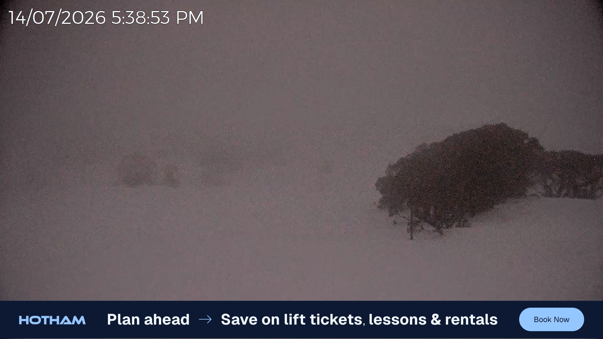 Mt Hotham Skating Rink snow cam captured at 14 July 2026 at 5:39 pm AEST