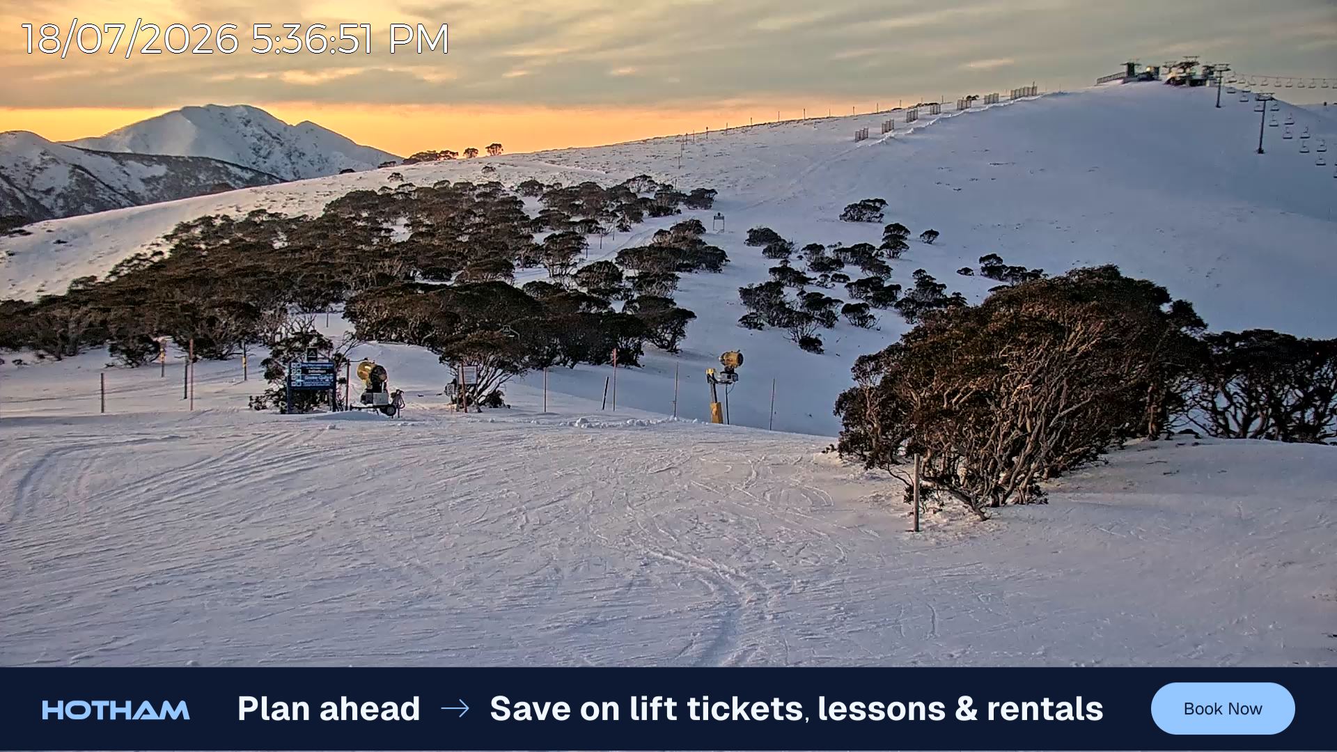 Mt Hotham Skating Rink snow cam captured at 18 July 2026 at 5:43 pm AEST