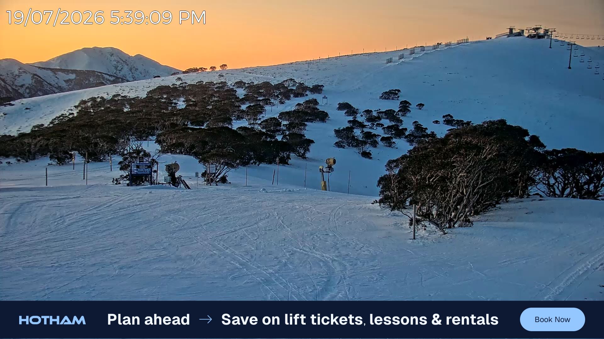 Mt Hotham Skating Rink snow cam captured at 19 July 2026 at 5:44 pm AEST