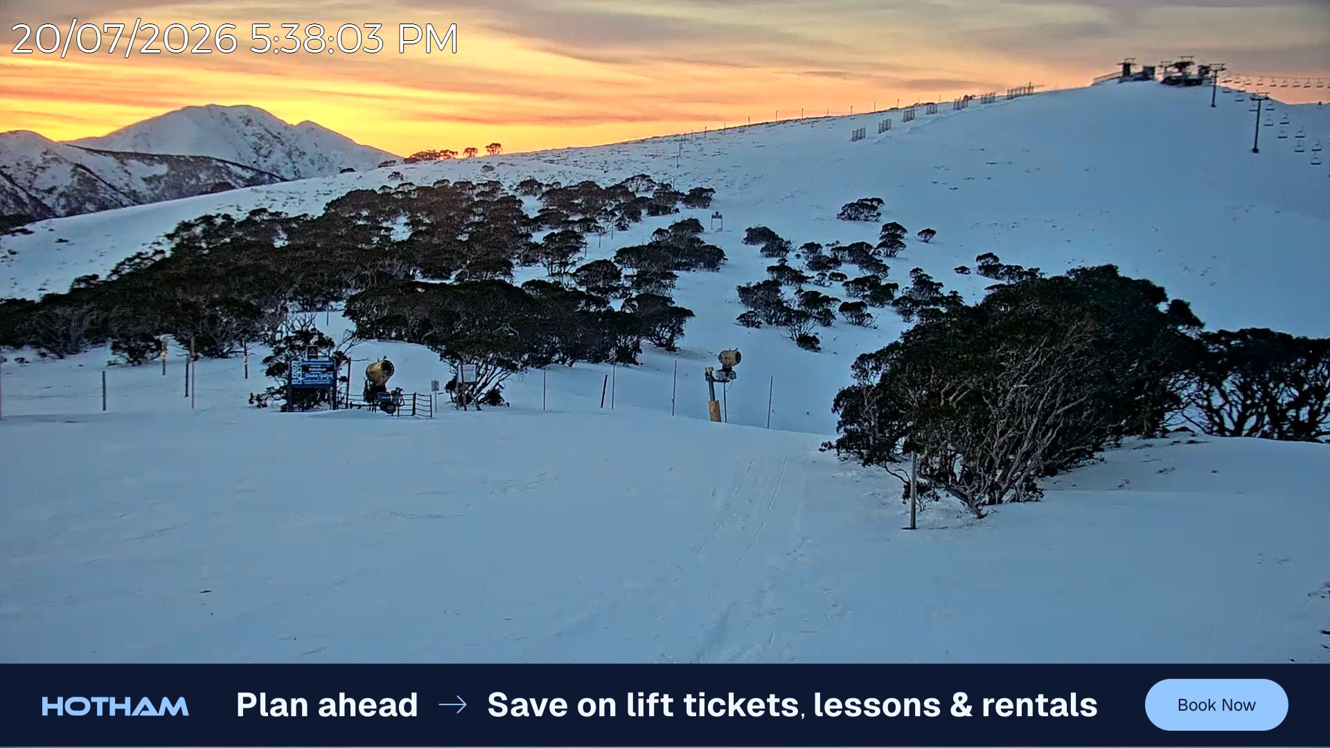 Mt Hotham Skating Rink snow cam captured at 20 July 2026 at 5:45 pm AEST