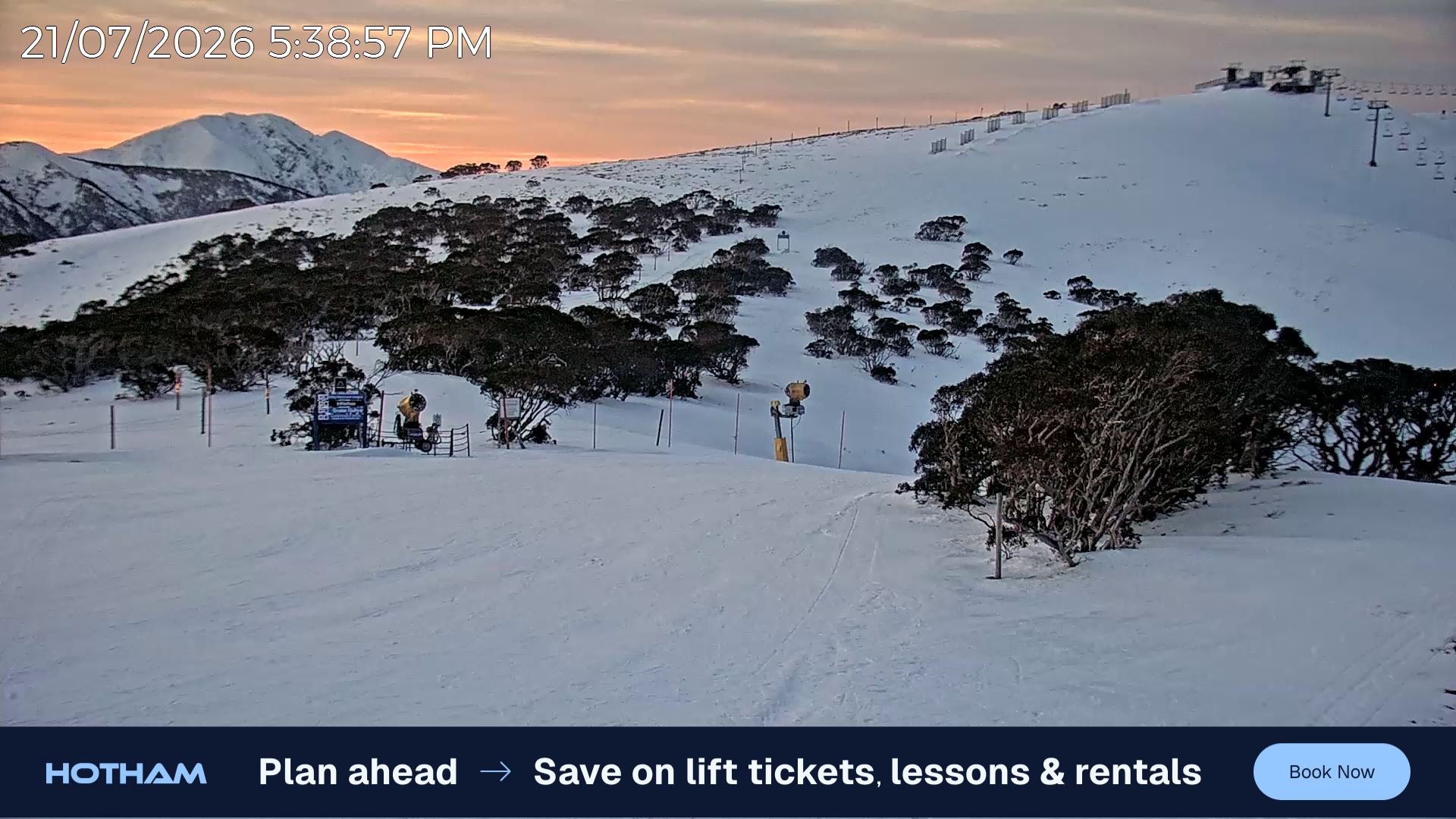 Mt Hotham Skating Rink snow cam captured at 21 July 2026 at 5:48 pm AEST