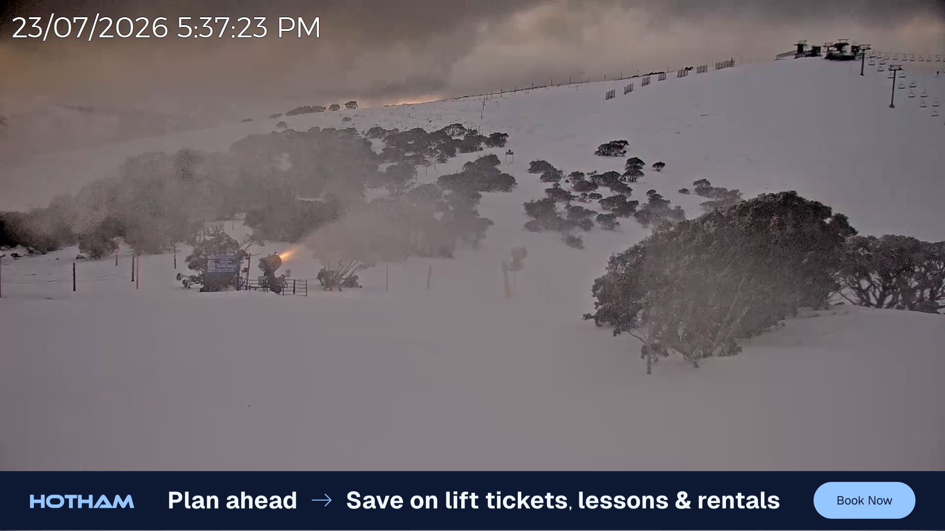 Mt Hotham Skating Rink snow cam captured at 23 July 2026 at 5:39 pm AEST