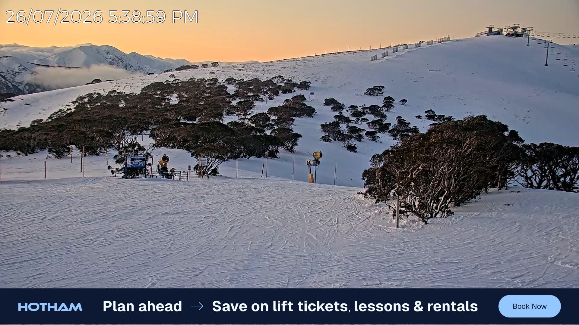 Mt Hotham Skating Rink snow cam captured at 26 July 2026 at 5:43 pm AEST