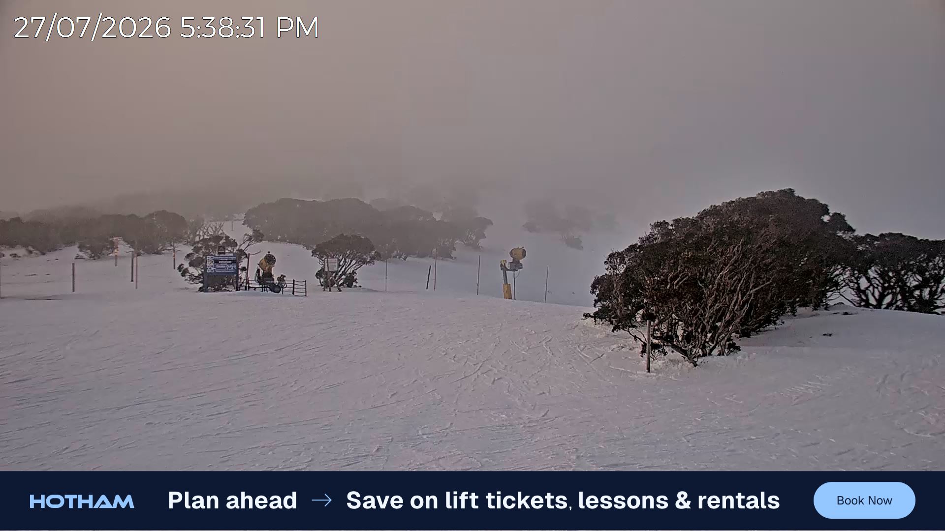 Mt Hotham Skating Rink snow cam captured at 27 July 2026 at 5:44 pm AEST