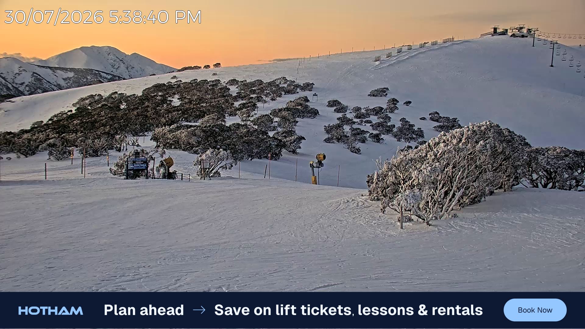 Mt Hotham Skating Rink snow cam captured at 30 July 2026 at 5:46 pm AEST