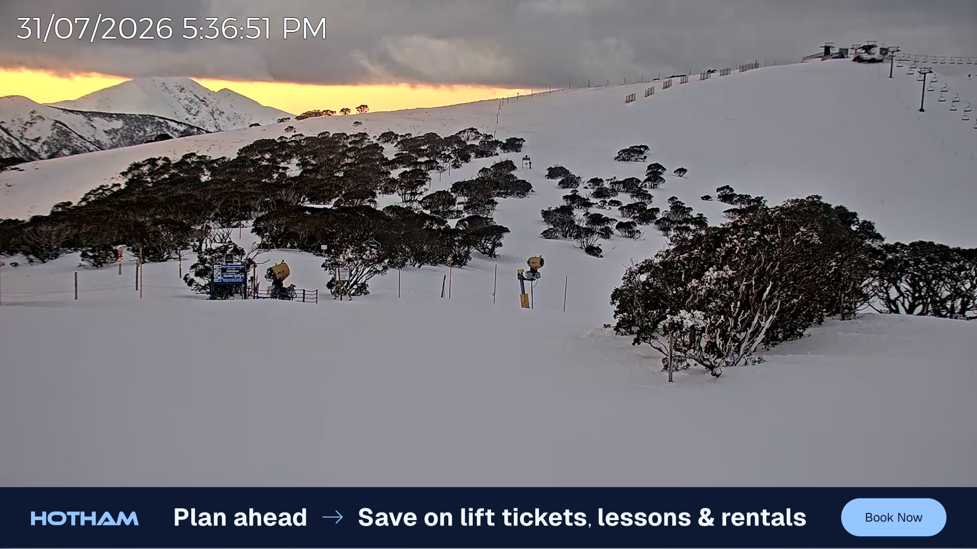 Mt Hotham Skating Rink snow cam captured at 31 July 2026 at 5:47 pm AEST
