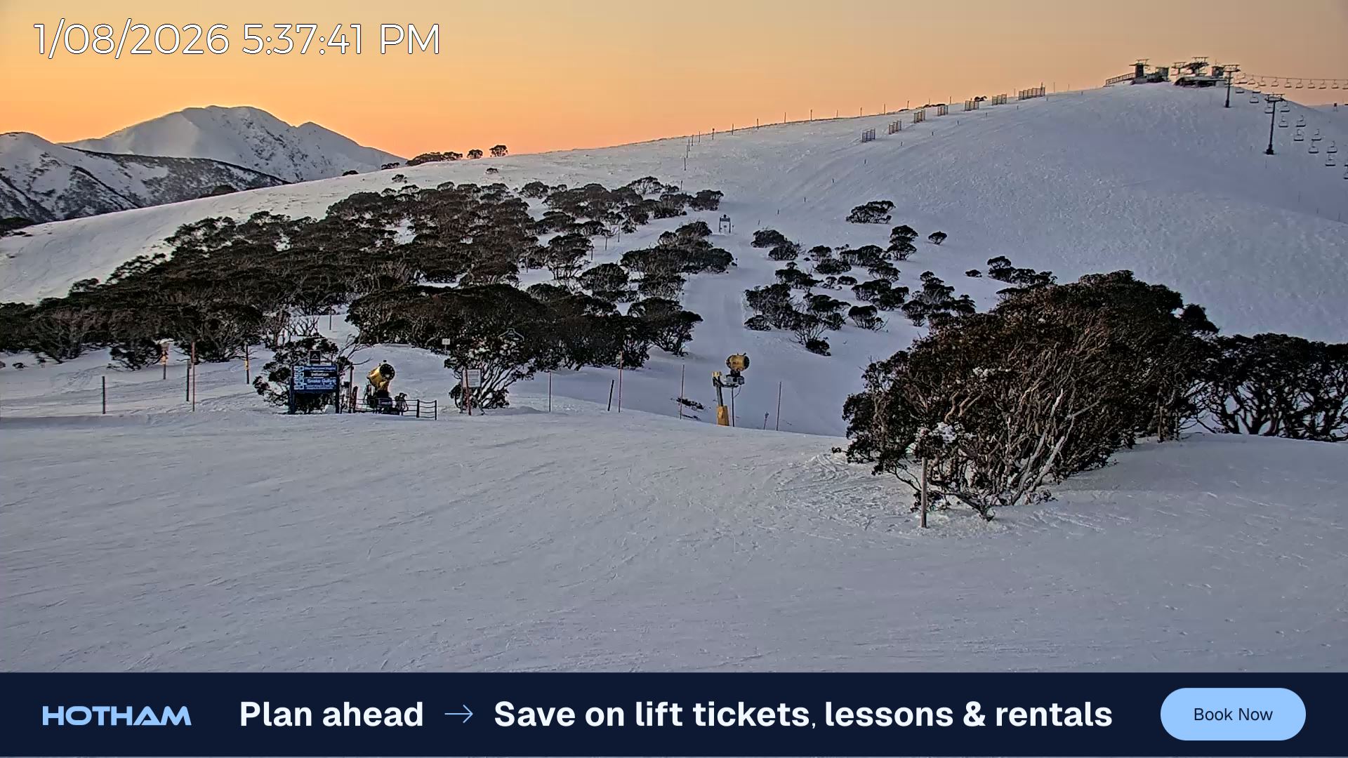 Mt Hotham Skating Rink snow cam captured at 1 August 2026 at 5:41 pm AEST