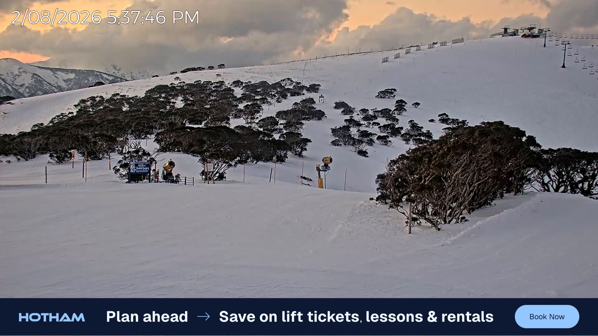 Mt Hotham Skating Rink snow cam captured at 2 August 2026 at 5:38 pm AEST