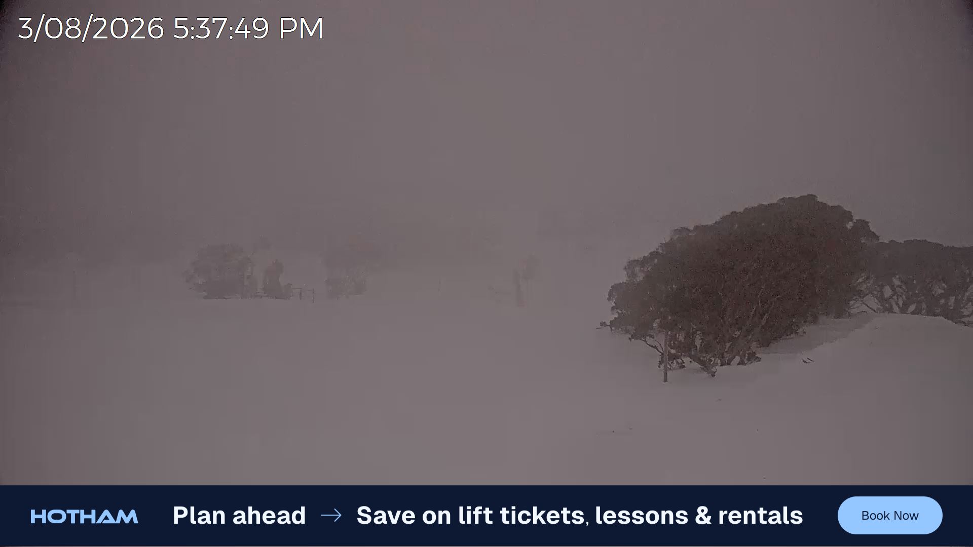 Mt Hotham Skating Rink snow cam captured at 3 August 2026 at 5:39 pm AEST